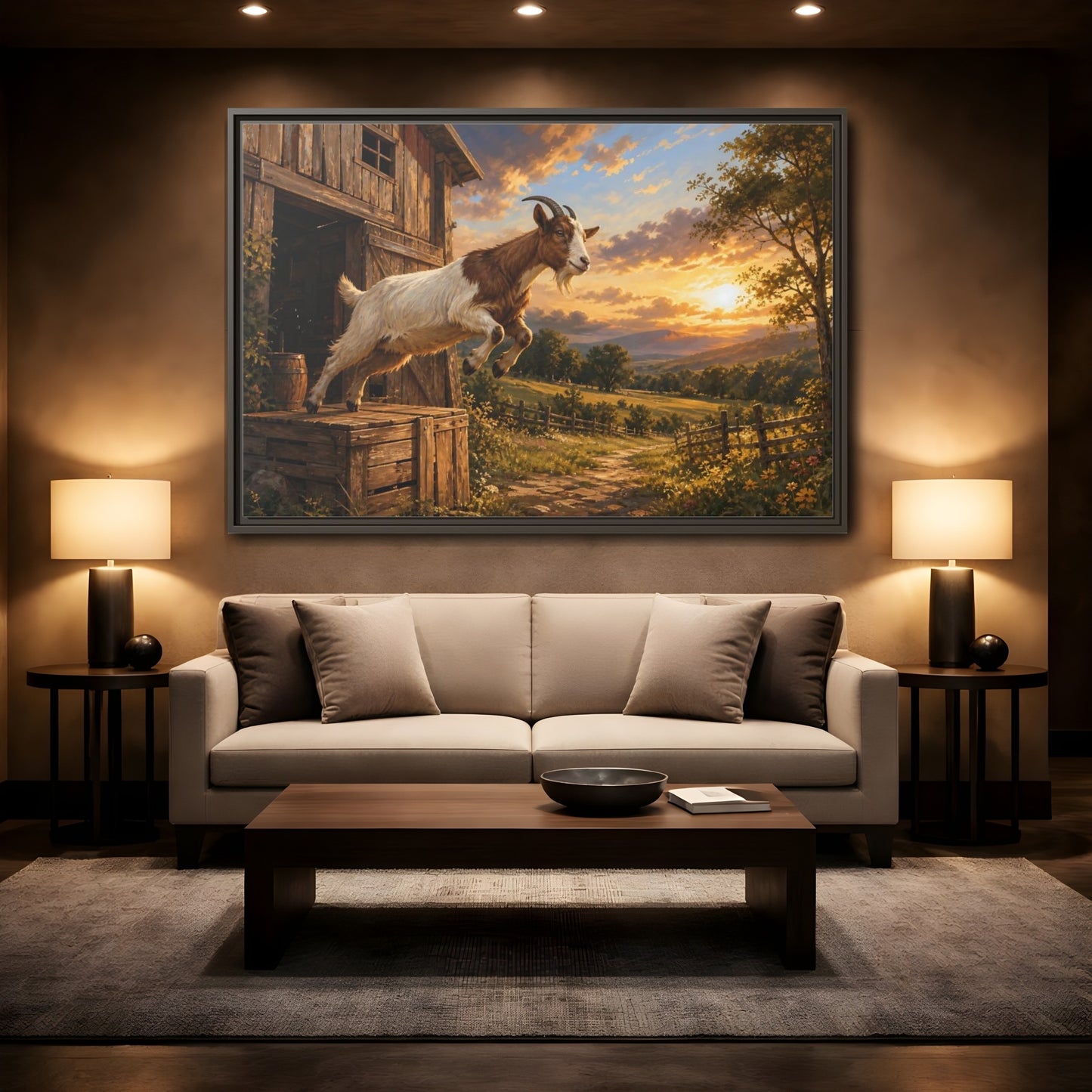 Mockup 2. Animals Goat Brown And Orange shown as stretched canvas wall art
