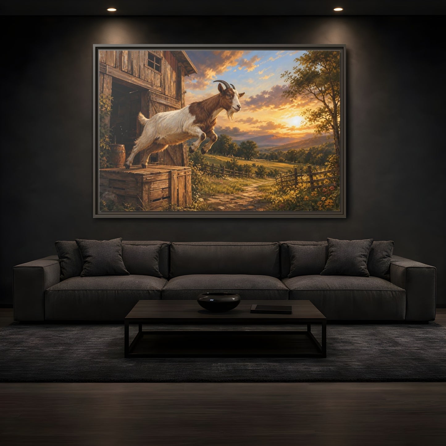 Mockup 3. Animals Goat Brown And Orange shown as stretched canvas wall art