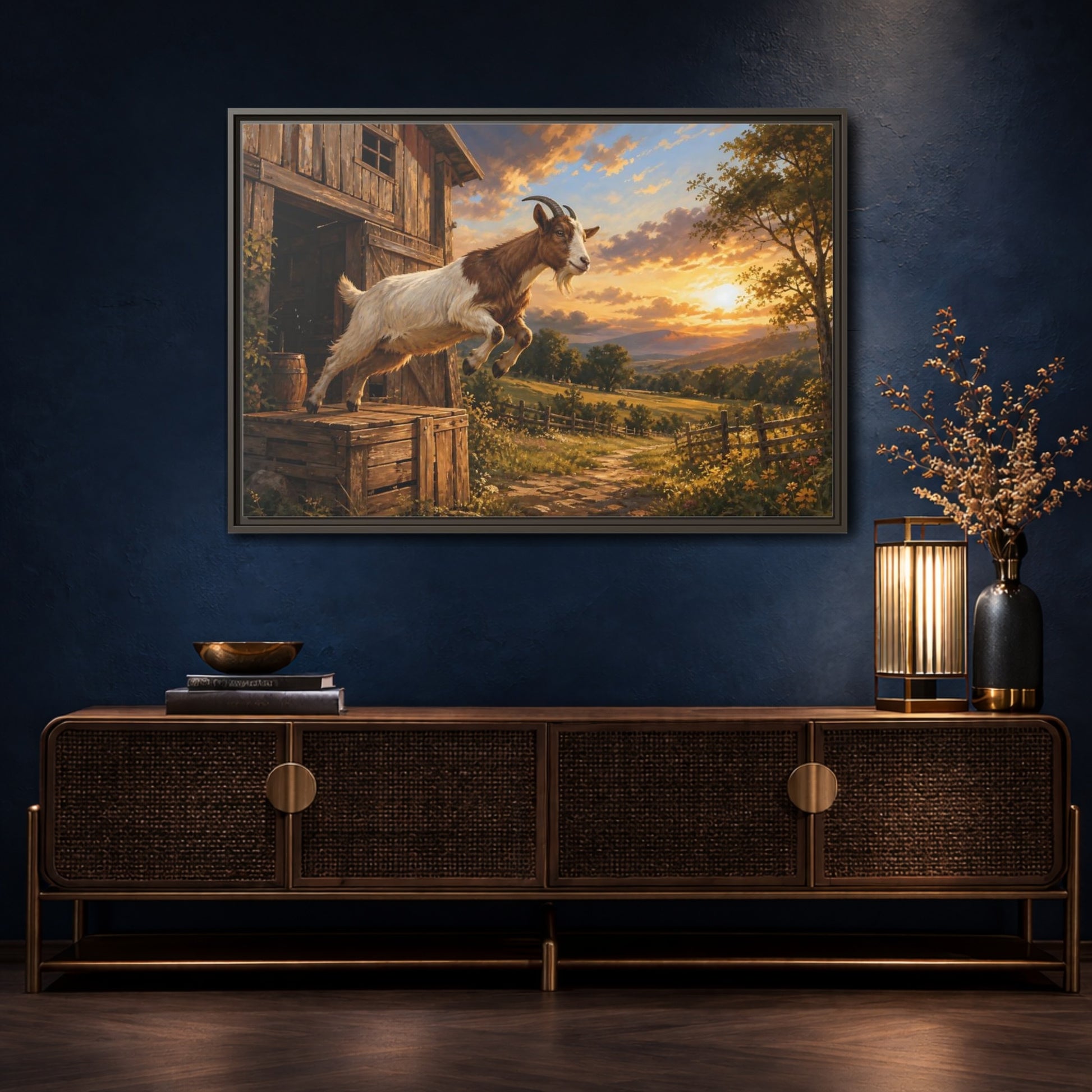 Mockup 4. Animals Goat Brown And Orange shown as stretched canvas wall art