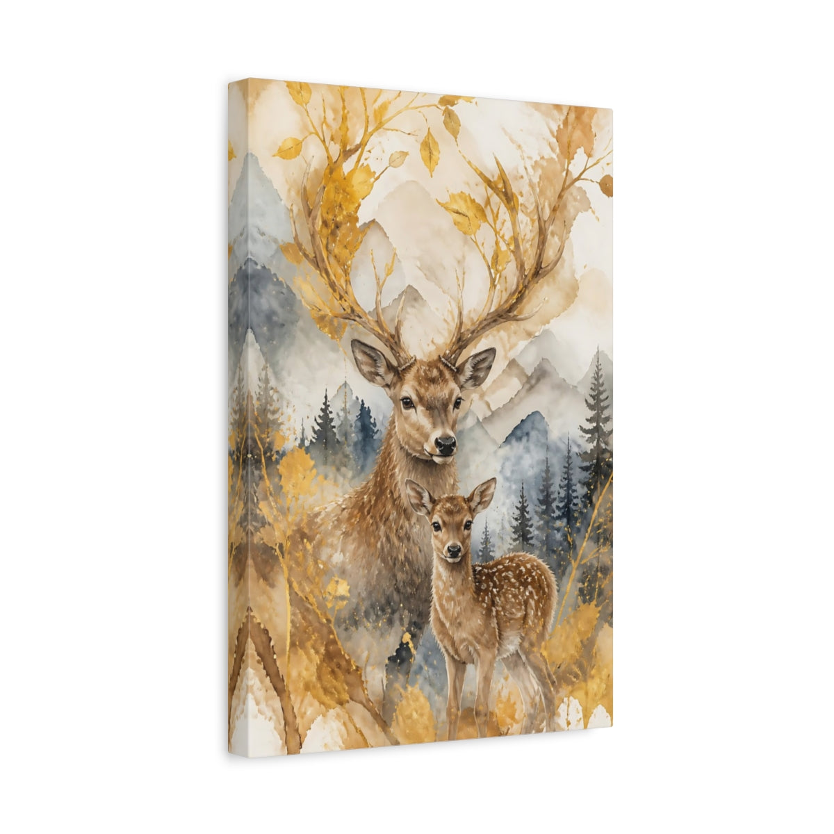 Side Mockup 4. Animals Golden Deer And Fawn shown as canvas print