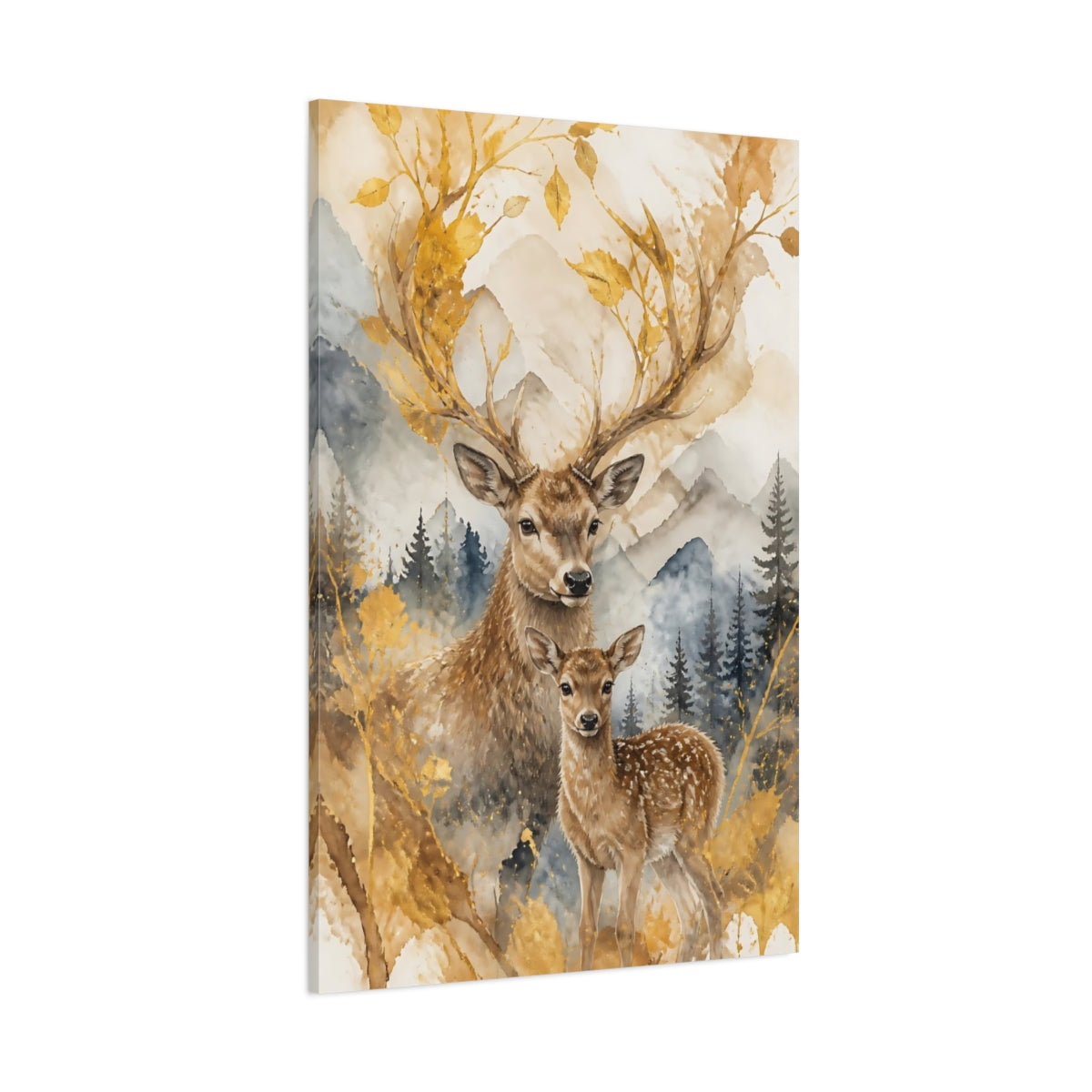 Side Mockup 1. Animals Golden Deer And Fawn shown as canvas print