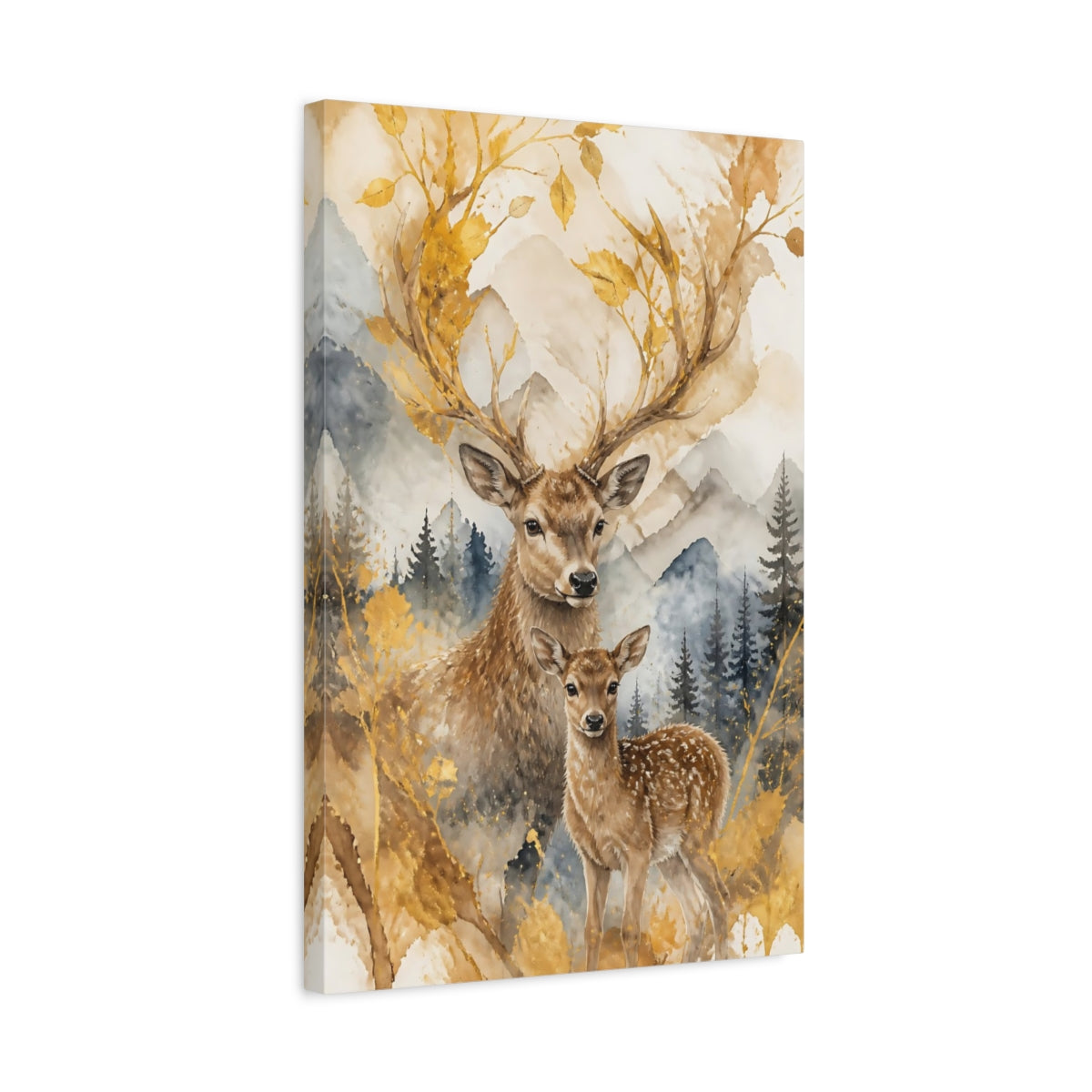 Side Mockup 3. Animals Golden Deer And Fawn shown as canvas print