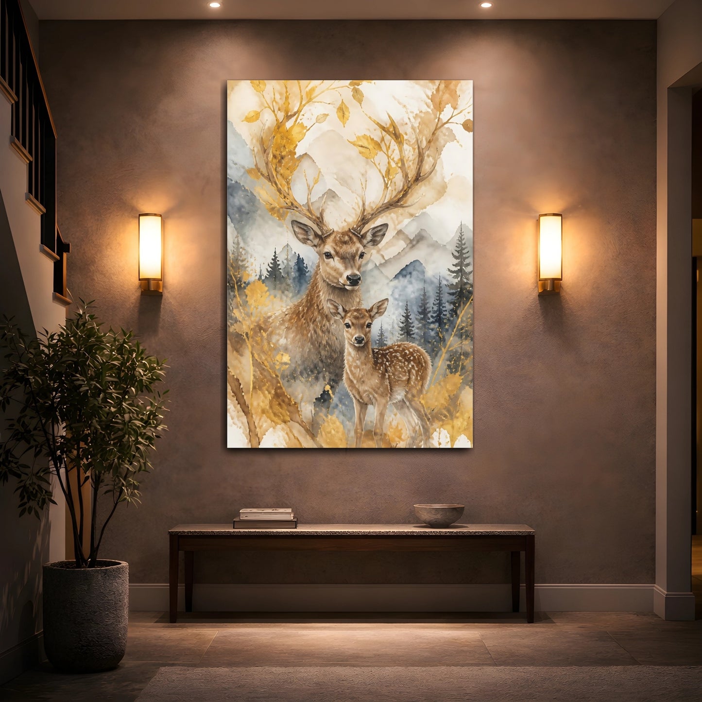 Mockup 2. Animals Golden Deer And Fawn shown as canvas print