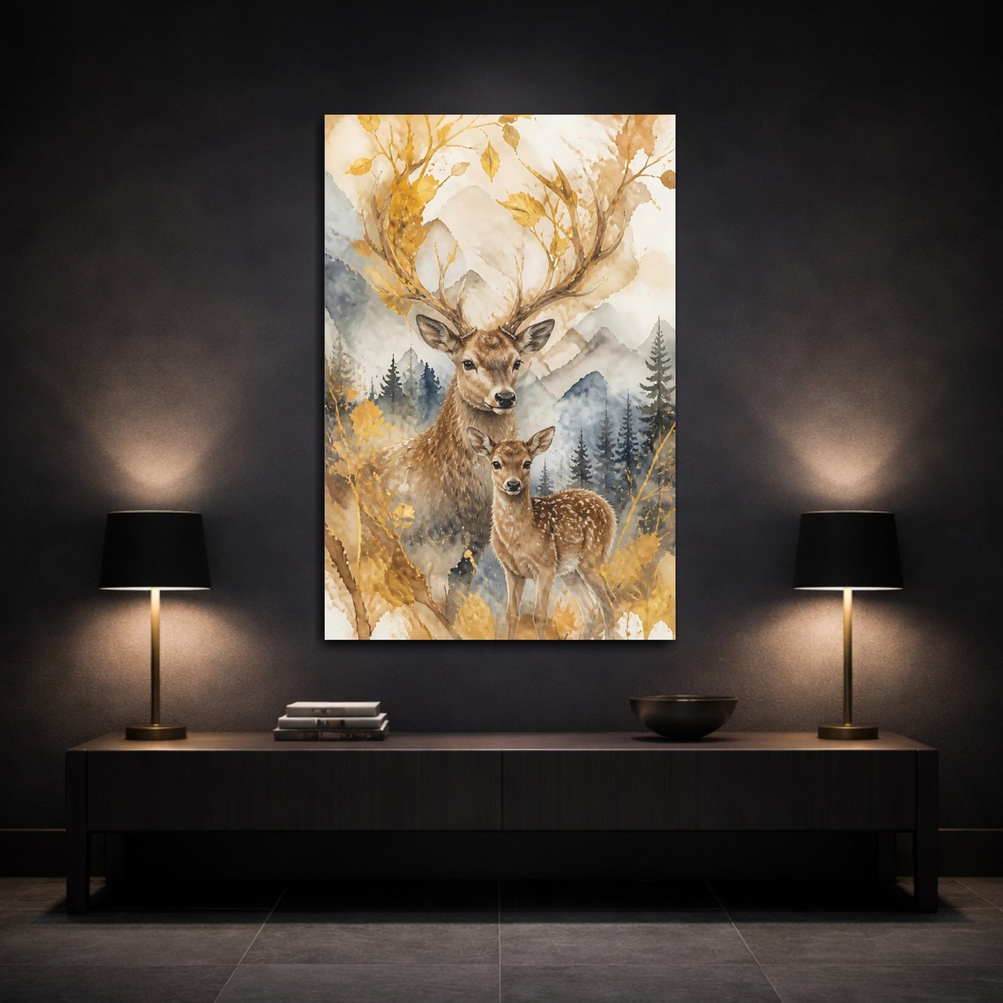Mockup 3. Animals Golden Deer And Fawn shown as canvas print