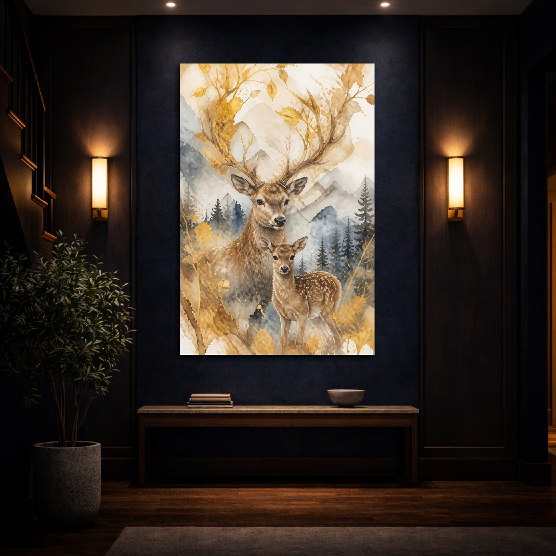 Mockup 4. Animals Golden Deer And Fawn shown as canvas print