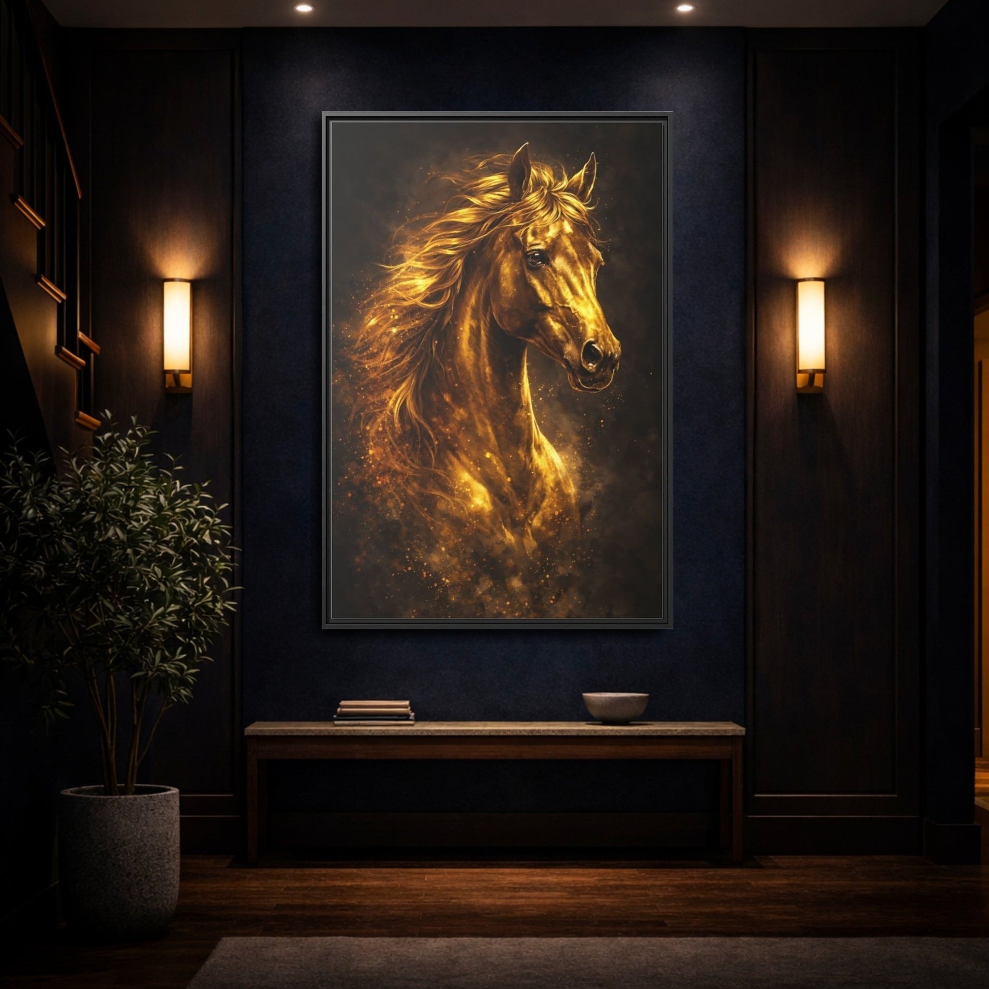Animals Golden Horse - Framed Canvas Wall Art Print - YesArtYes