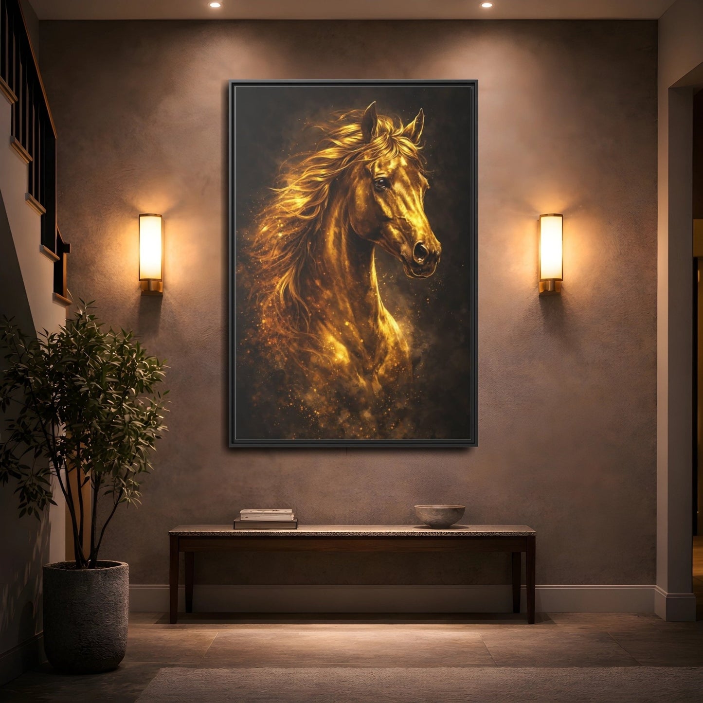 Animals Golden Horse - Framed Canvas Wall Art Print - YesArtYes
