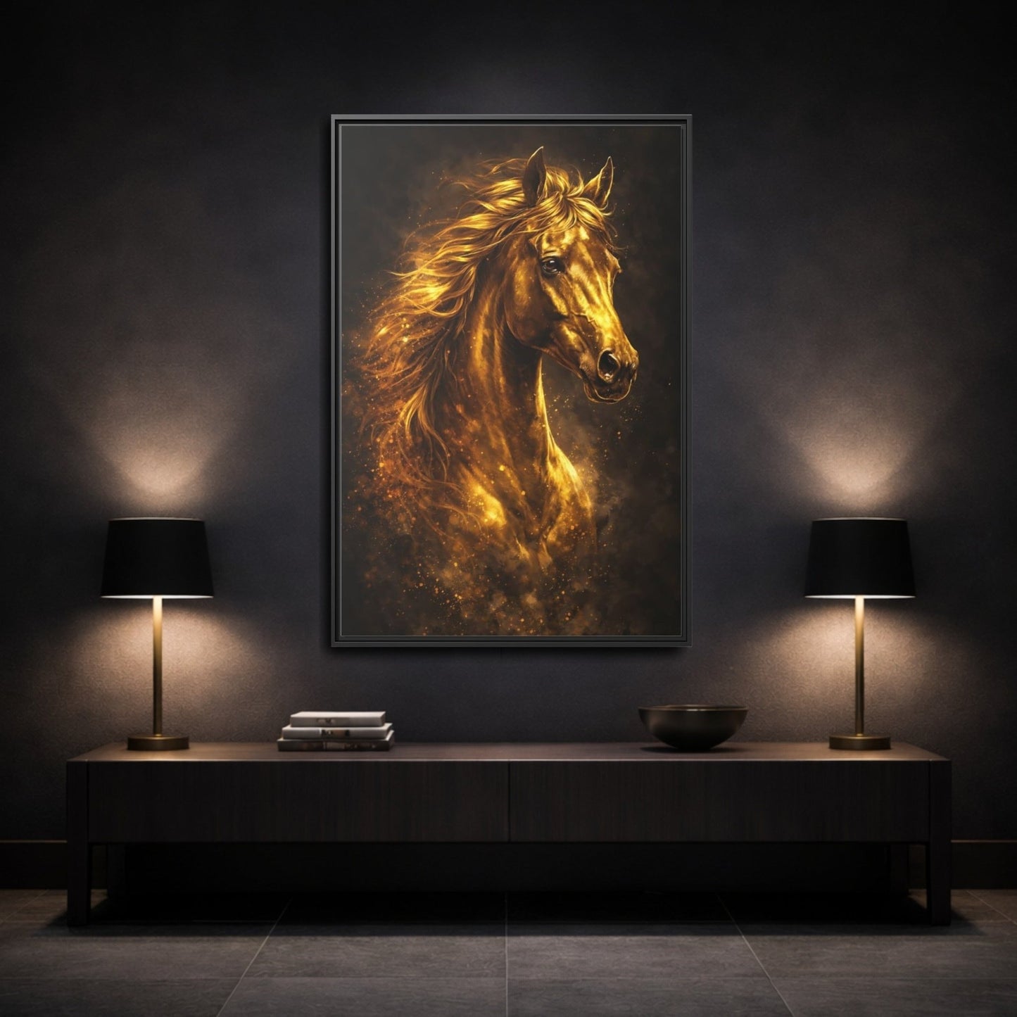 Animals Golden Horse - Framed Canvas Wall Art Print - YesArtYes