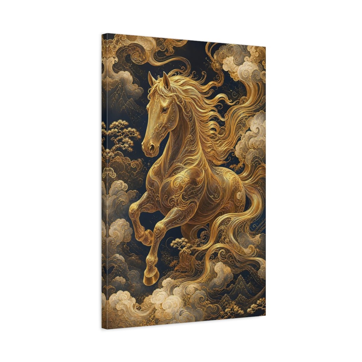 Animals Golden Horse Gold And Navy Canvas Print – Living Room, Above Fireplace - YesArtYes