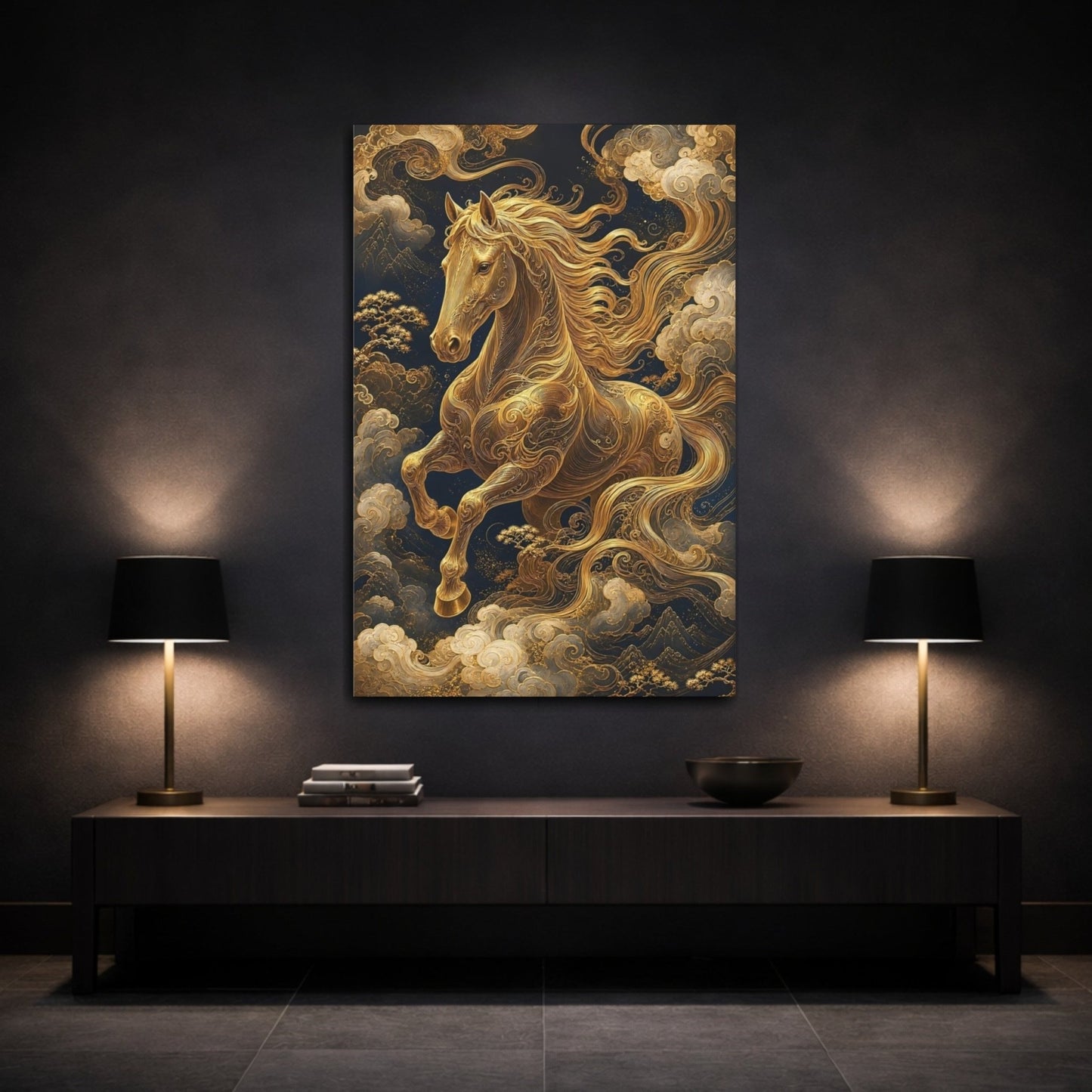 Animals Golden Horse Gold And Navy Canvas Print – Living Room, Above Fireplace - YesArtYes