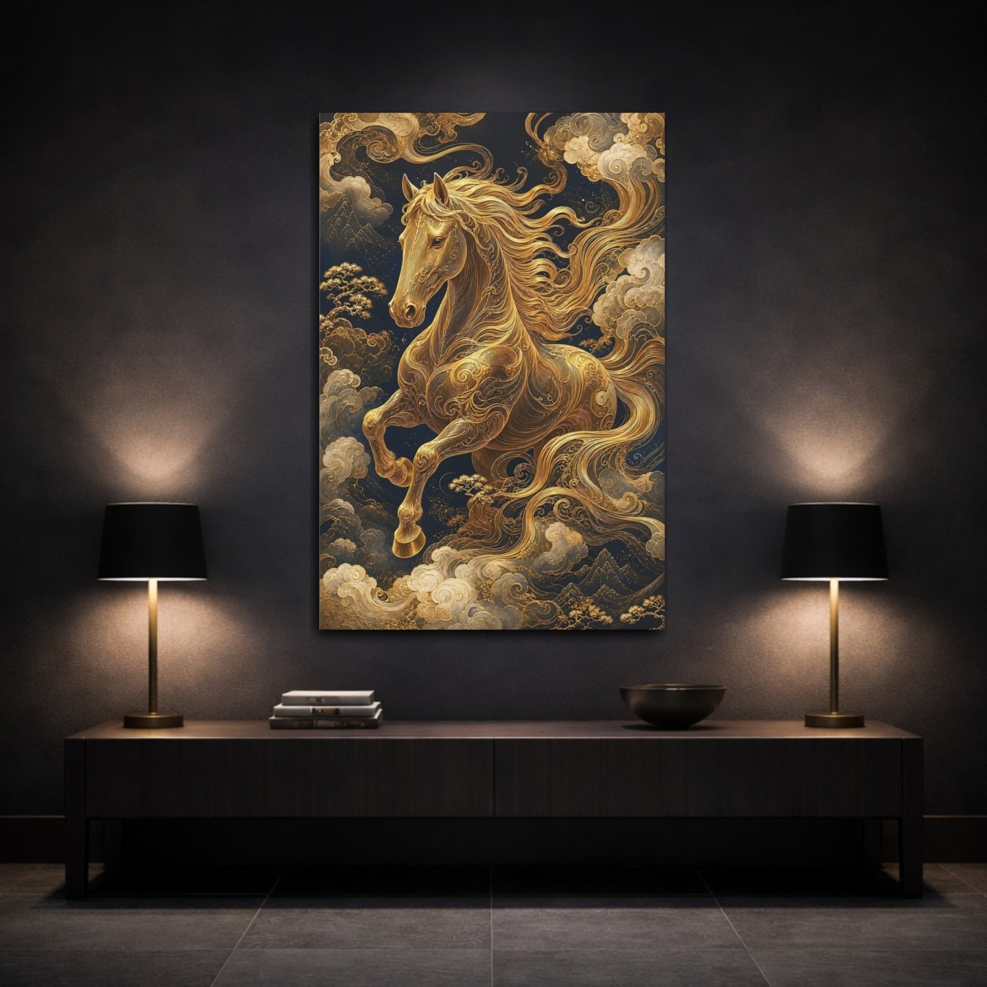 Animals Golden Horse Gold And Navy Canvas Print – Living Room, Above Fireplace - YesArtYes
