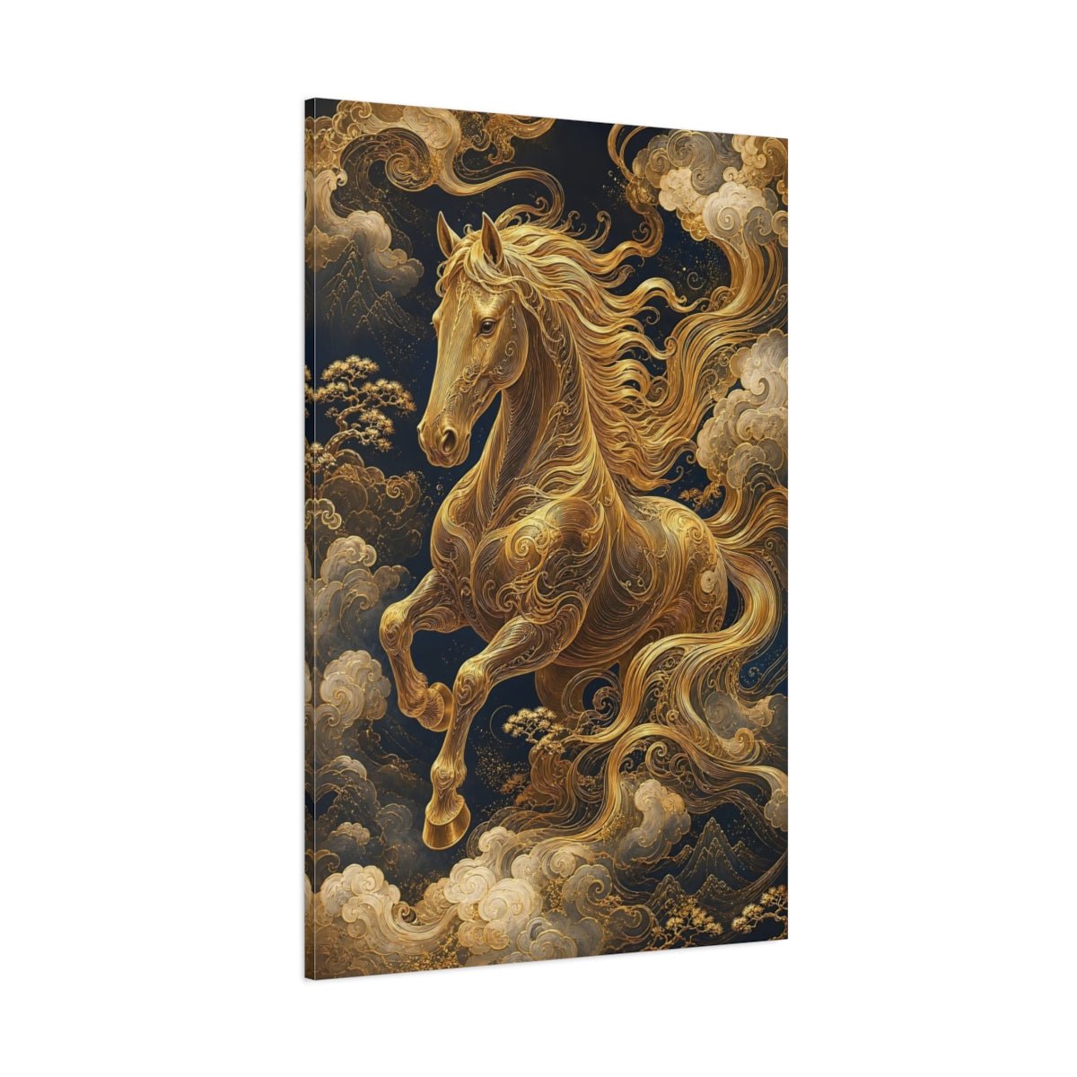 Animals Golden Horse Gold And Navy Canvas Print – Living Room, Above Fireplace - YesArtYes