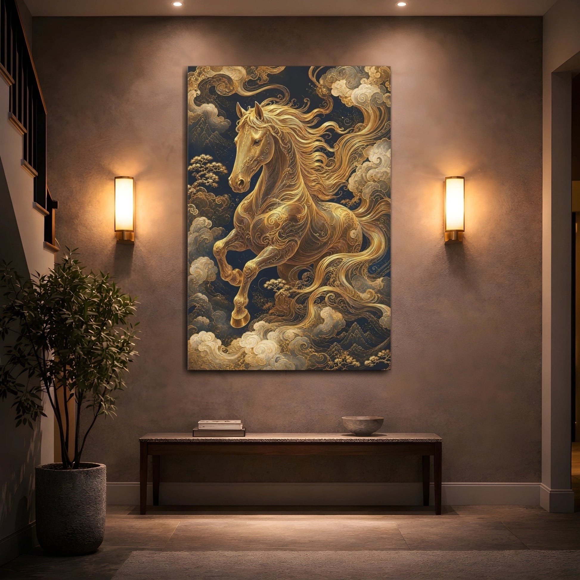 Animals Golden Horse Gold And Navy Canvas Print – Living Room, Above Fireplace - YesArtYes