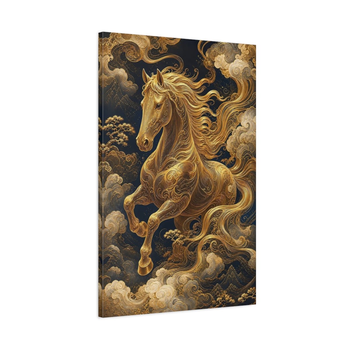 Animals Golden Horse Gold And Navy Canvas Print – Living Room, Above Fireplace - YesArtYes