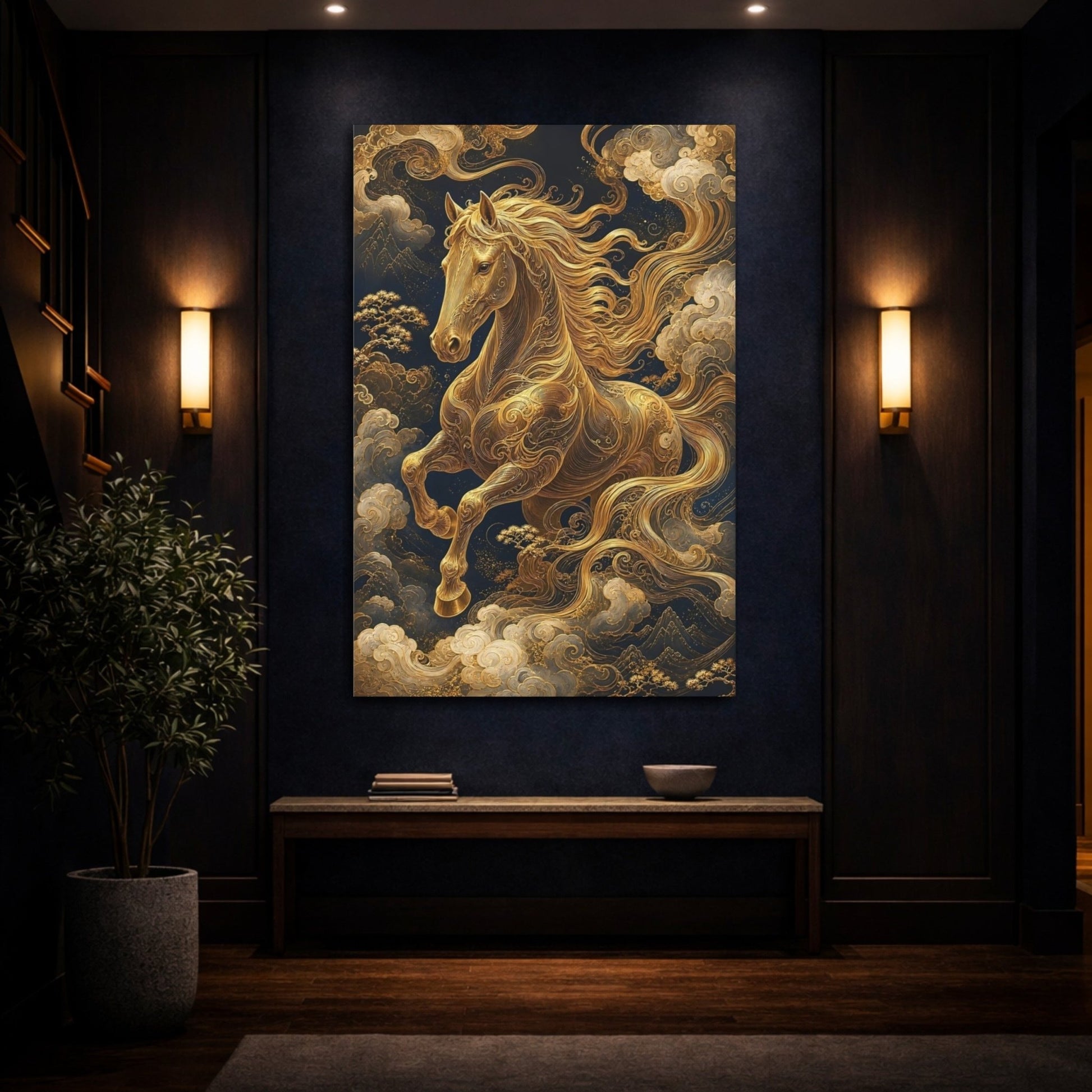 Animals Golden Horse Gold And Navy Canvas Print – Living Room, Above Fireplace - YesArtYes
