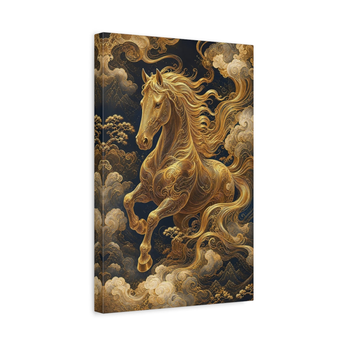 Side Mockup 4. Animals Golden Horse Gold And Navy shown as stretched canvas wall art