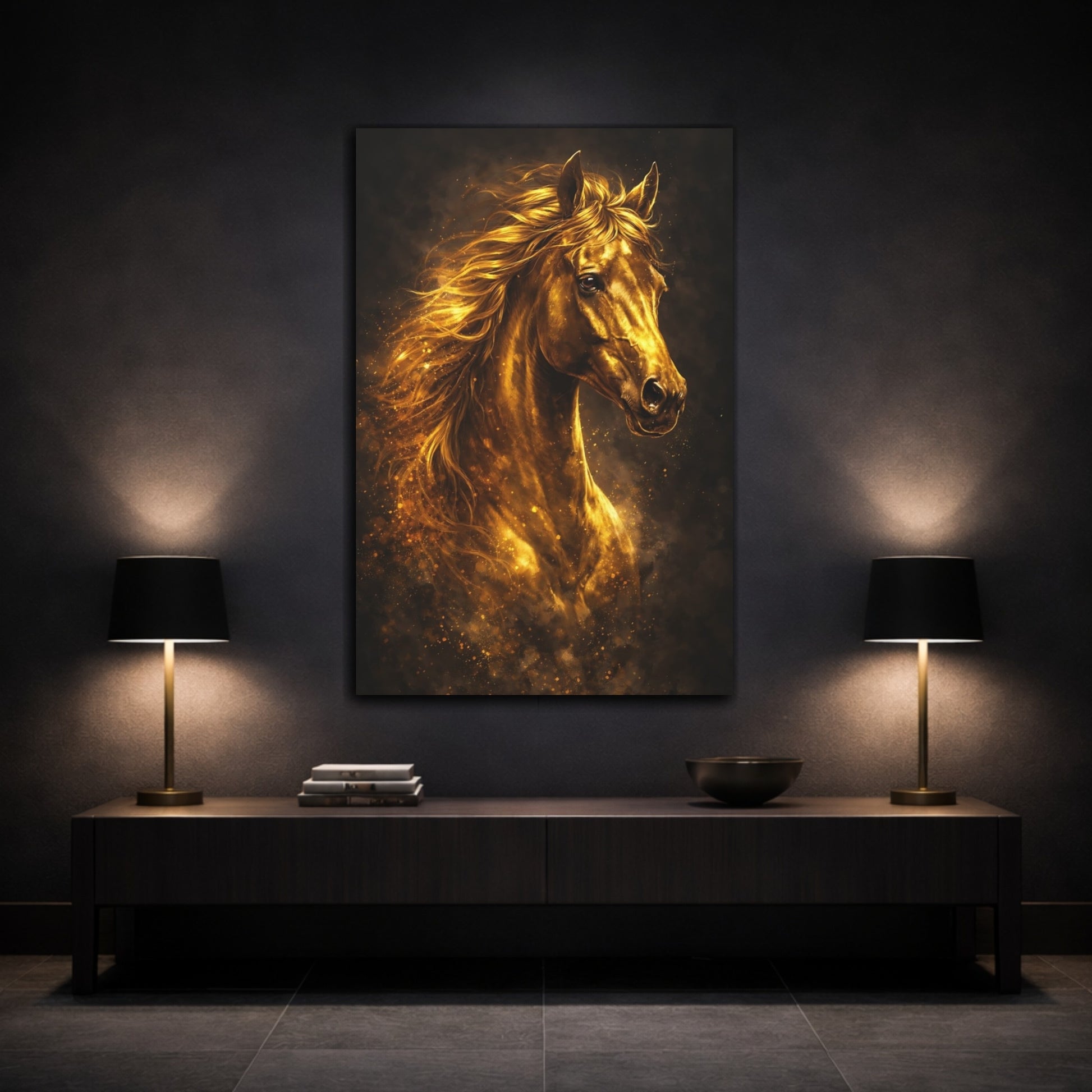 Mockup 2. Animals Golden Horse Golden Horse shown as stretched canvas wall art