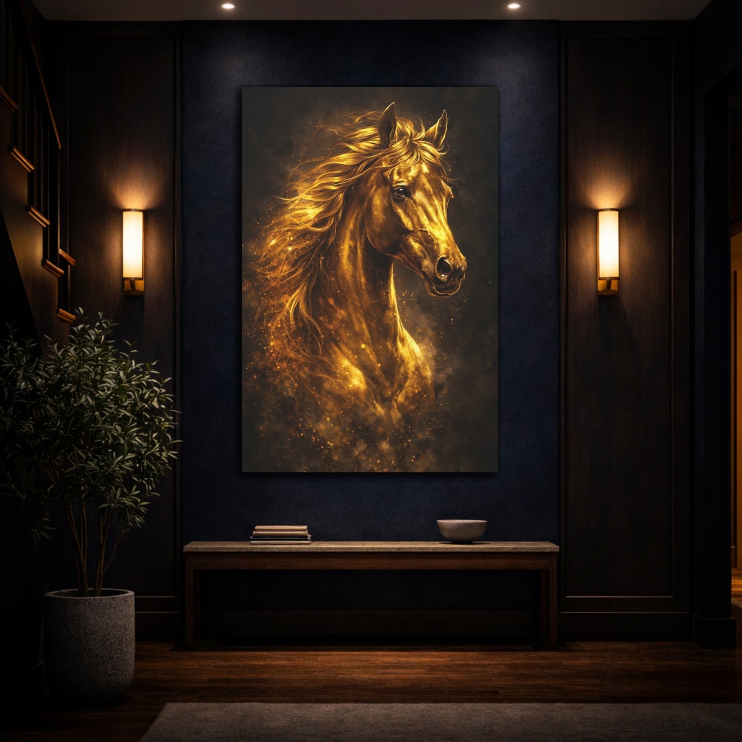 Mockup 4. Animals Golden Horse Golden Horse shown as stretched canvas wall art