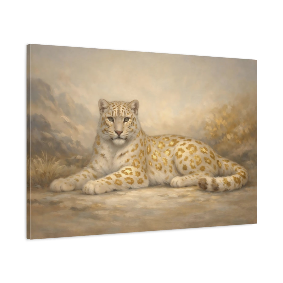 Side Mockup 1. Animals Golden Leopard Golden Leopard shown as stretched canvas wall art
