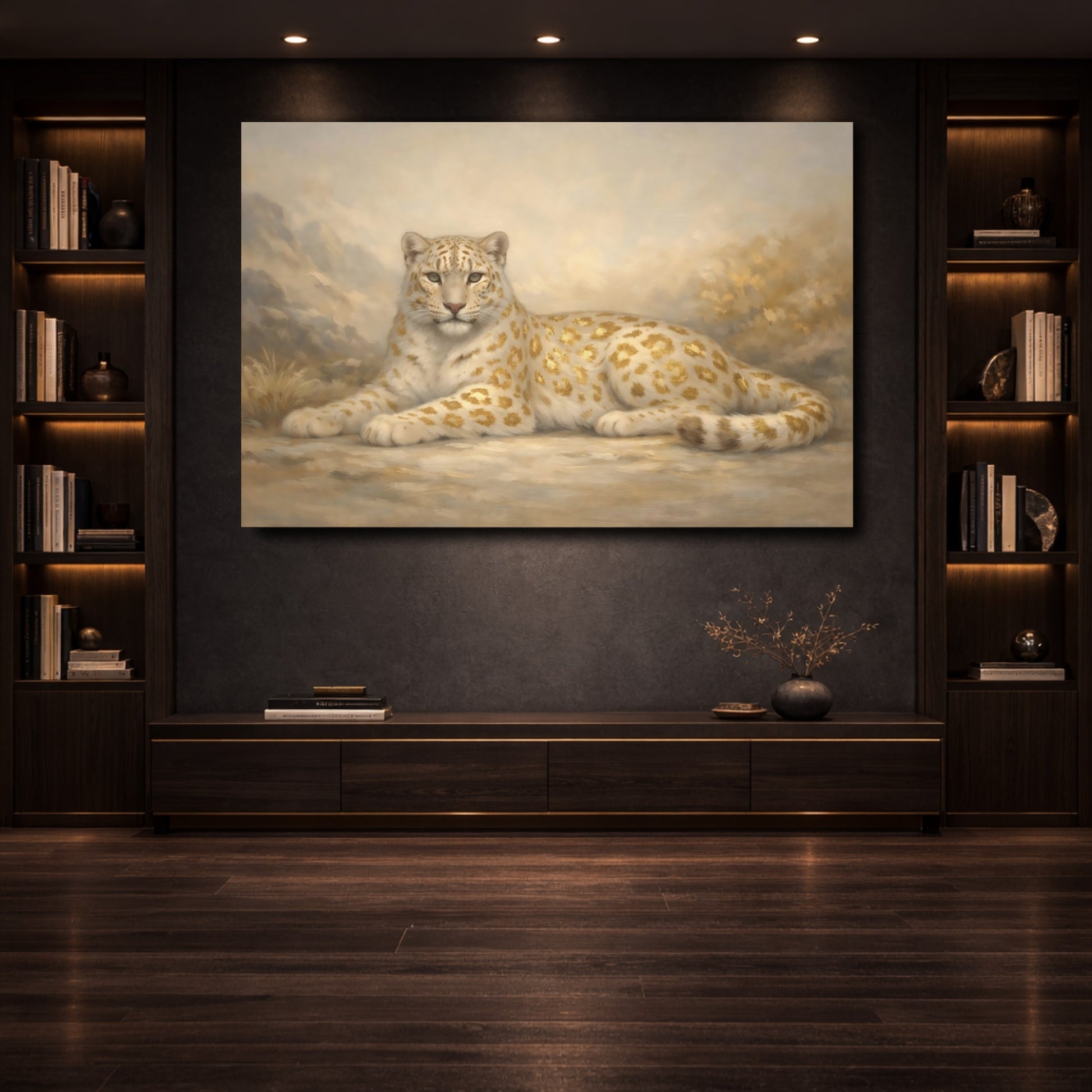 Mockup 3. Animals Golden Leopard Golden Leopard shown as stretched canvas wall art