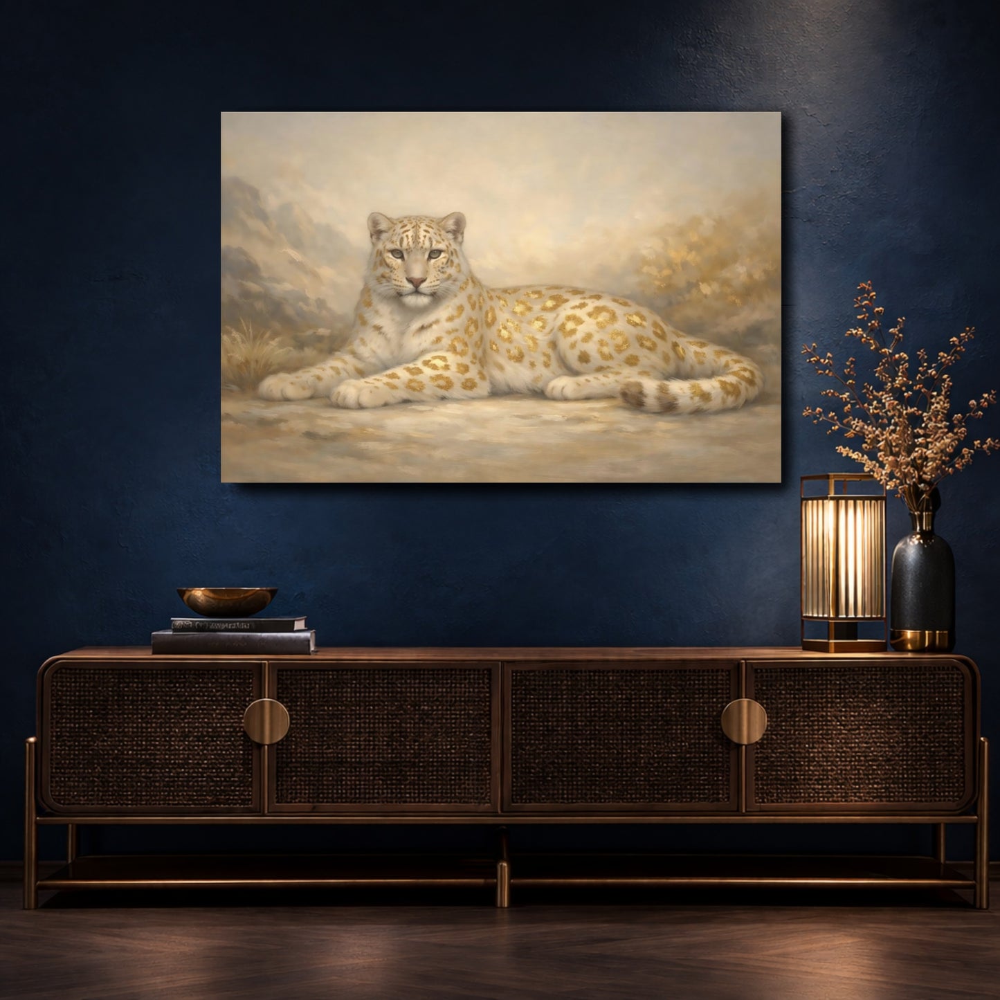 Mockup 4. Animals Golden Leopard Golden Leopard shown as stretched canvas wall art