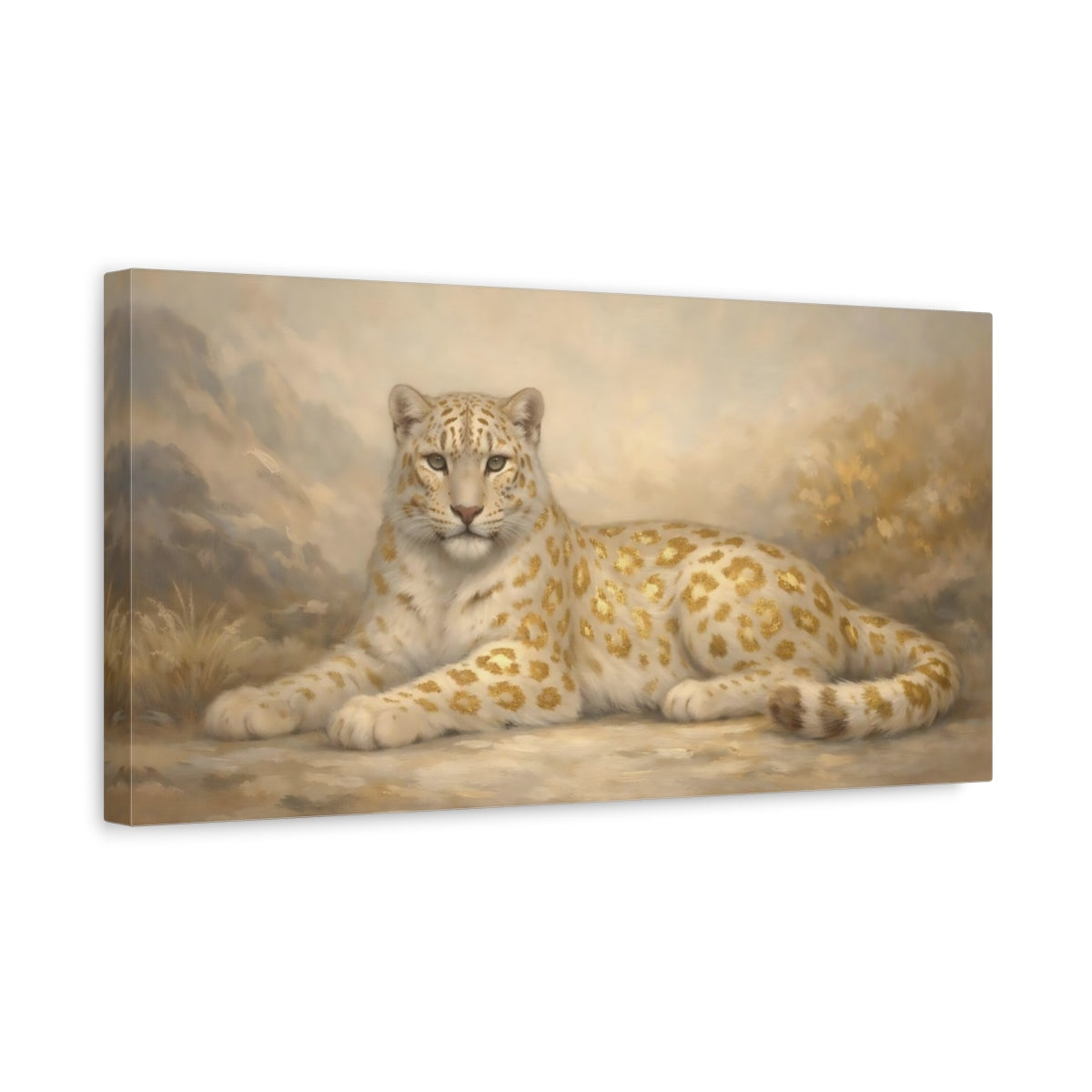 Side Mockup 3. Animals Golden Leopard White And Gold Leopard shown as stretched canvas wall art