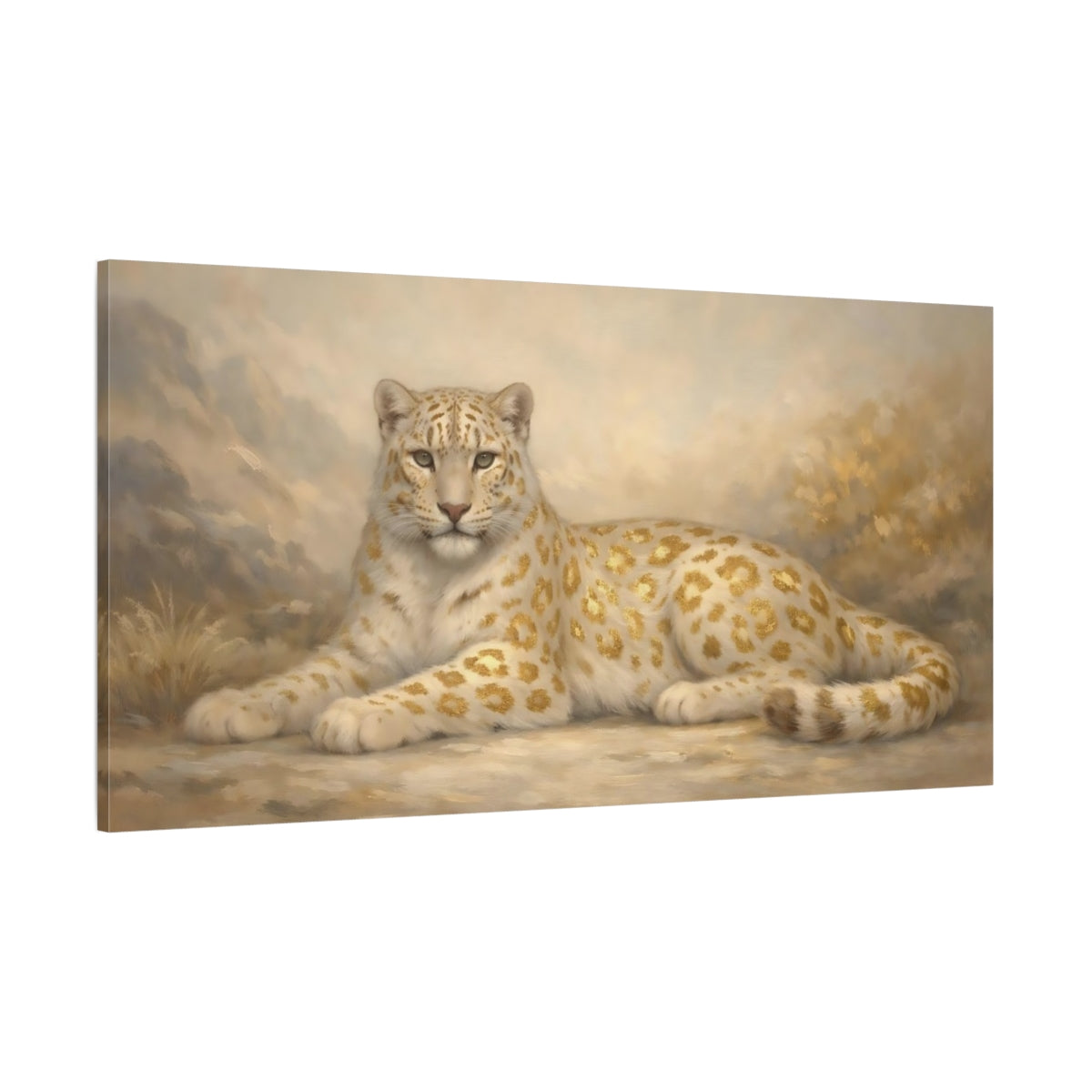 Main Mockup. Animals Golden Leopard White And Gold Leopard shown as stretched canvas wall art