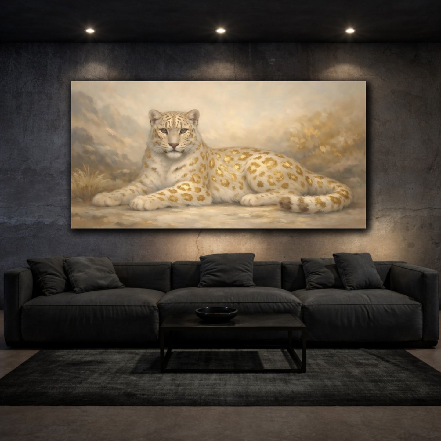 Mockup 2. Animals Golden Leopard White And Gold Leopard shown as stretched canvas wall art