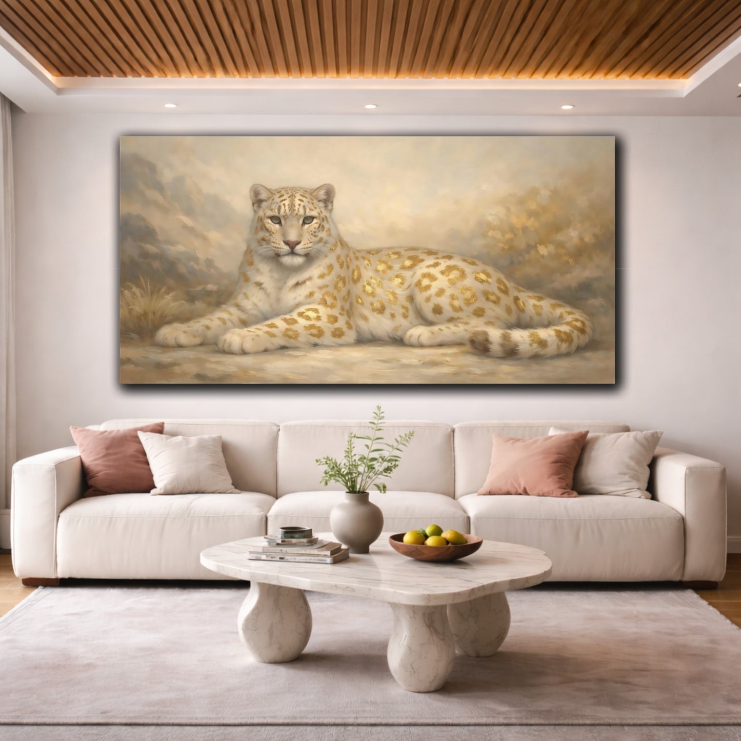 Mockup 3. Animals Golden Leopard White And Gold Leopard shown as stretched canvas wall art
