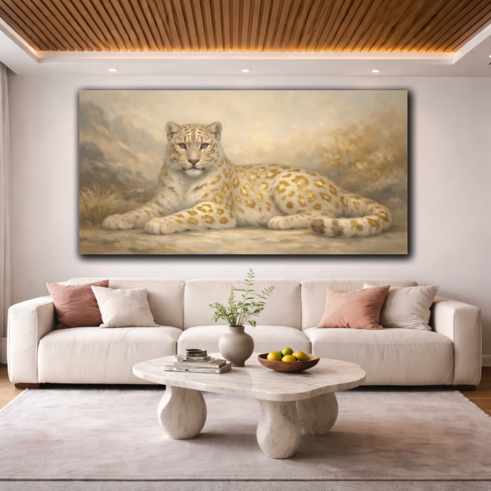 Mockup 3. Animals Golden Leopard White And Gold Leopard shown as stretched canvas wall art