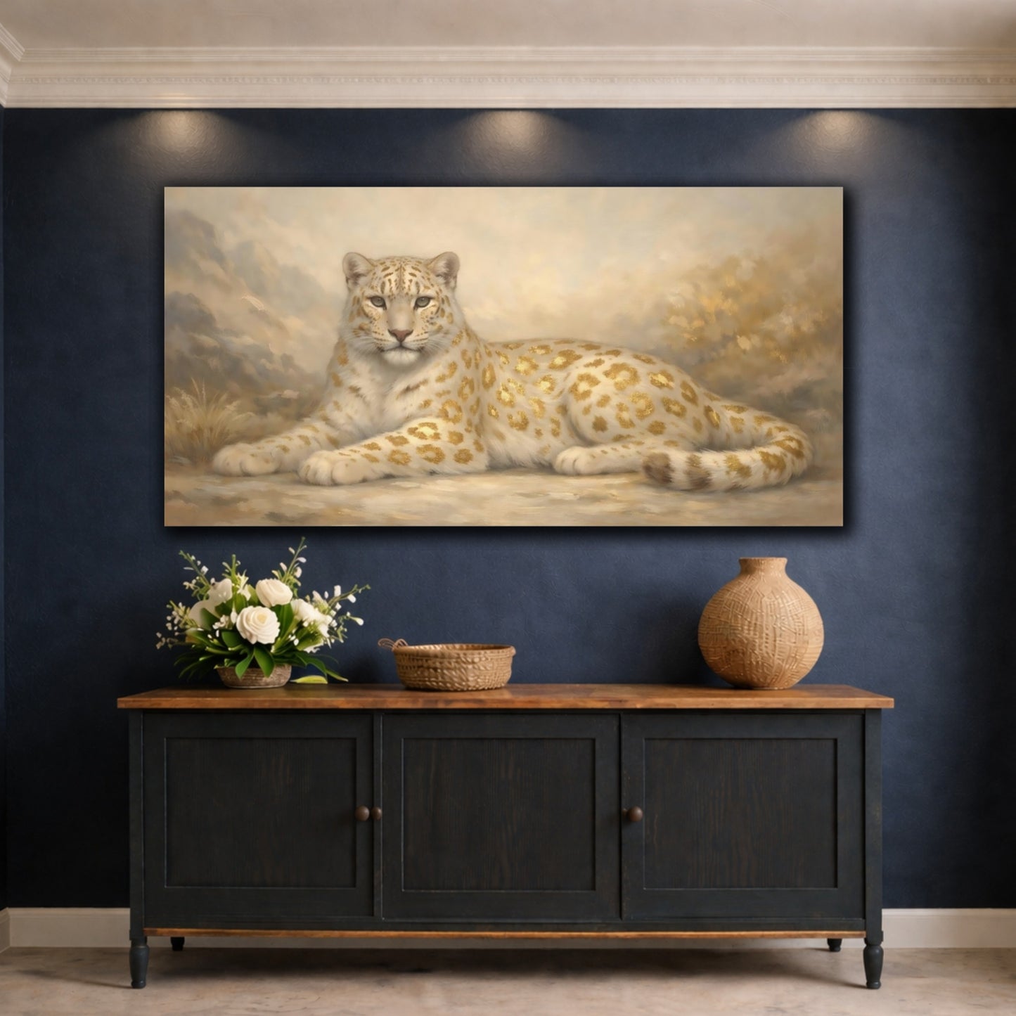 Mockup 4. Animals Golden Leopard White And Gold Leopard shown as stretched canvas wall art