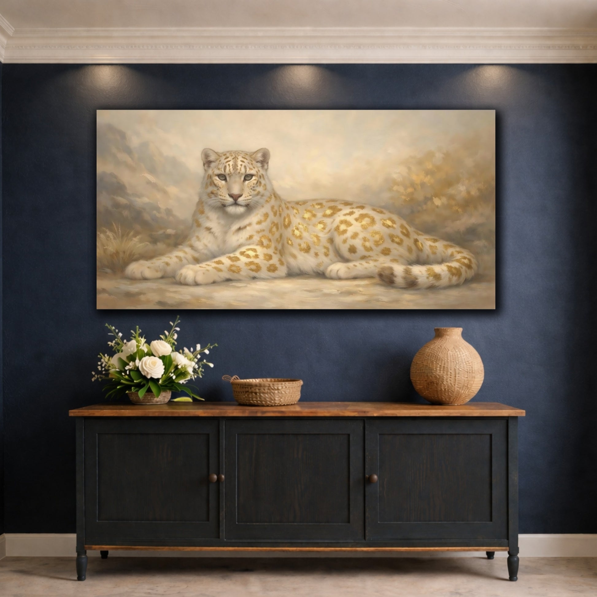 Mockup 4. Animals Golden Leopard White And Gold Leopard shown as stretched canvas wall art