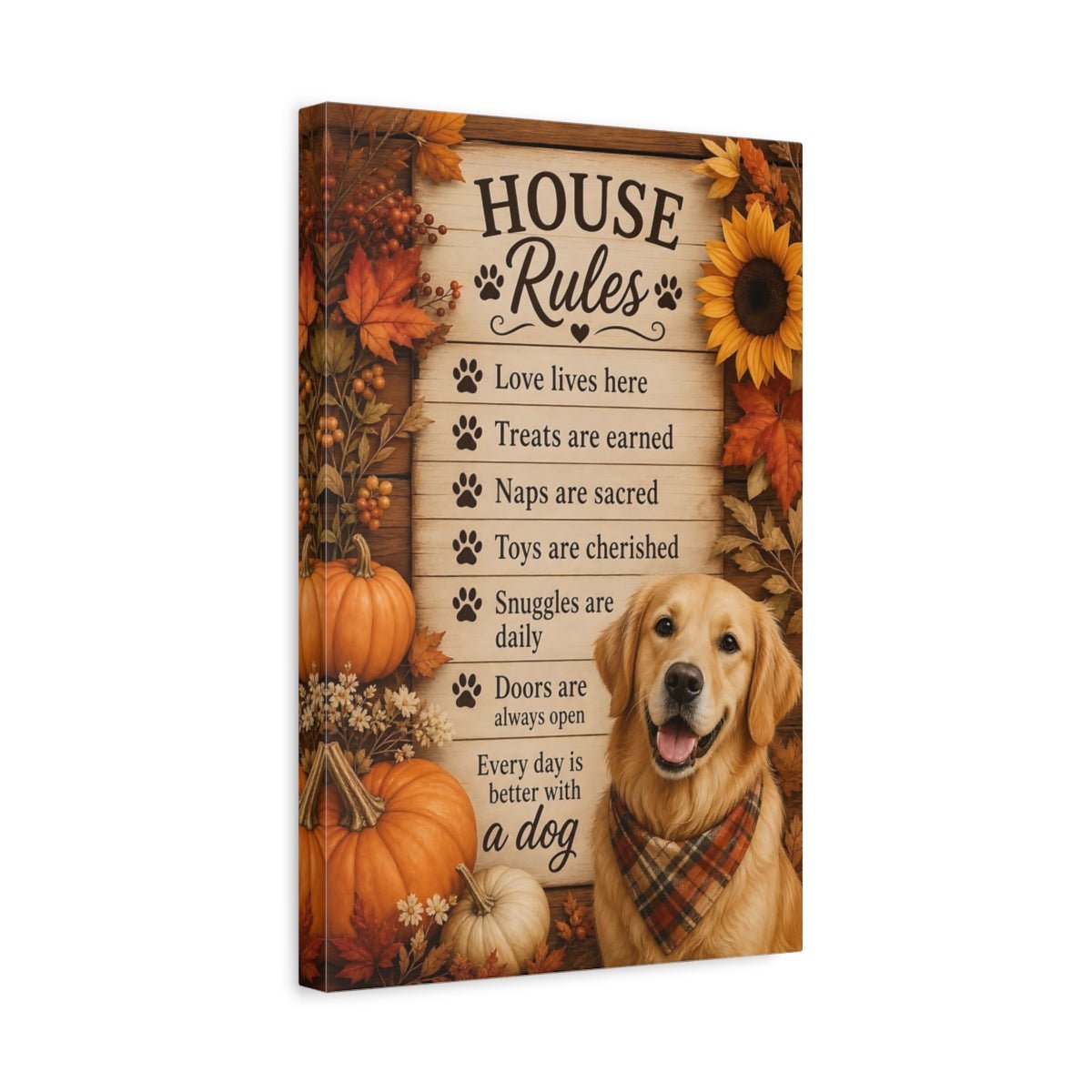 Animals Golden Retriever Autumn Dog Decor Canvas Wall Art Print – Rustic Living Room, Above Fireplace - YesArtYes