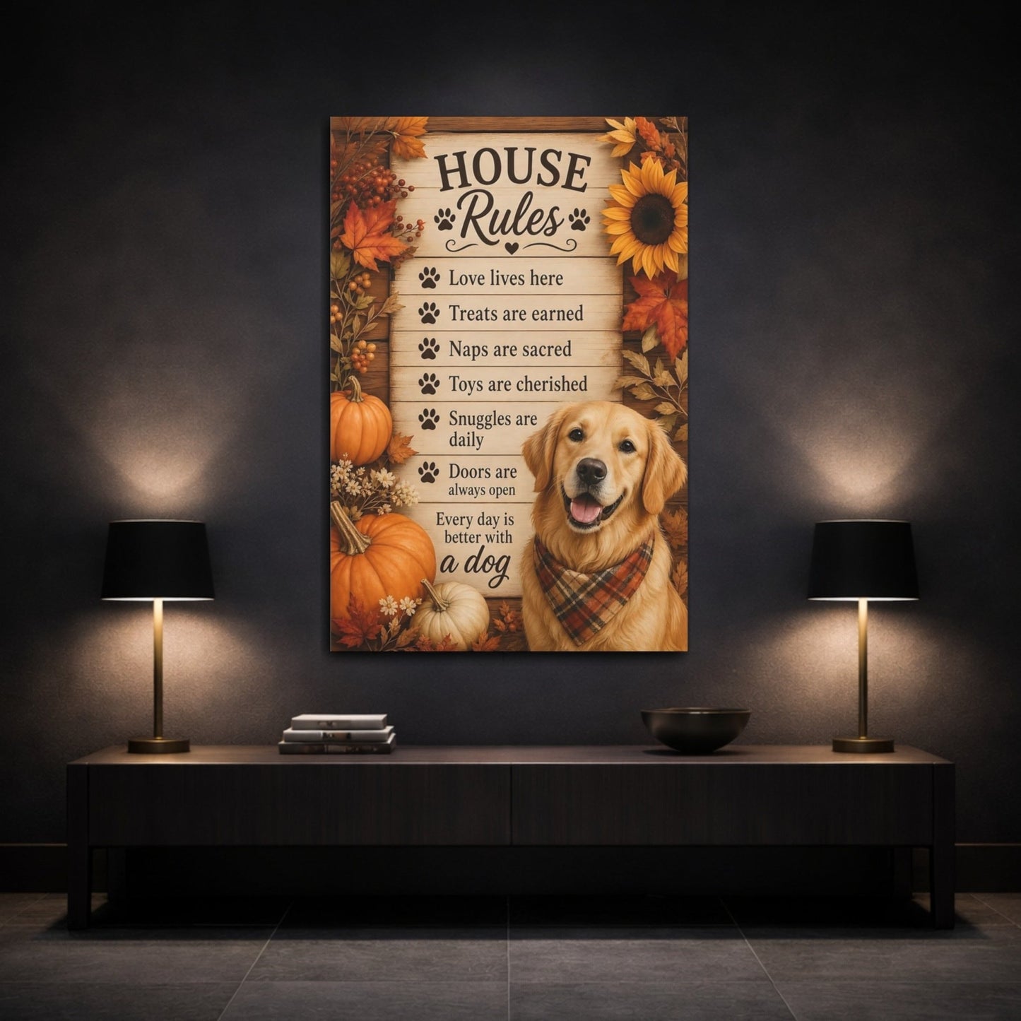 Animals Golden Retriever Autumn Dog Decor Canvas Wall Art Print – Rustic Living Room, Above Fireplace - YesArtYes