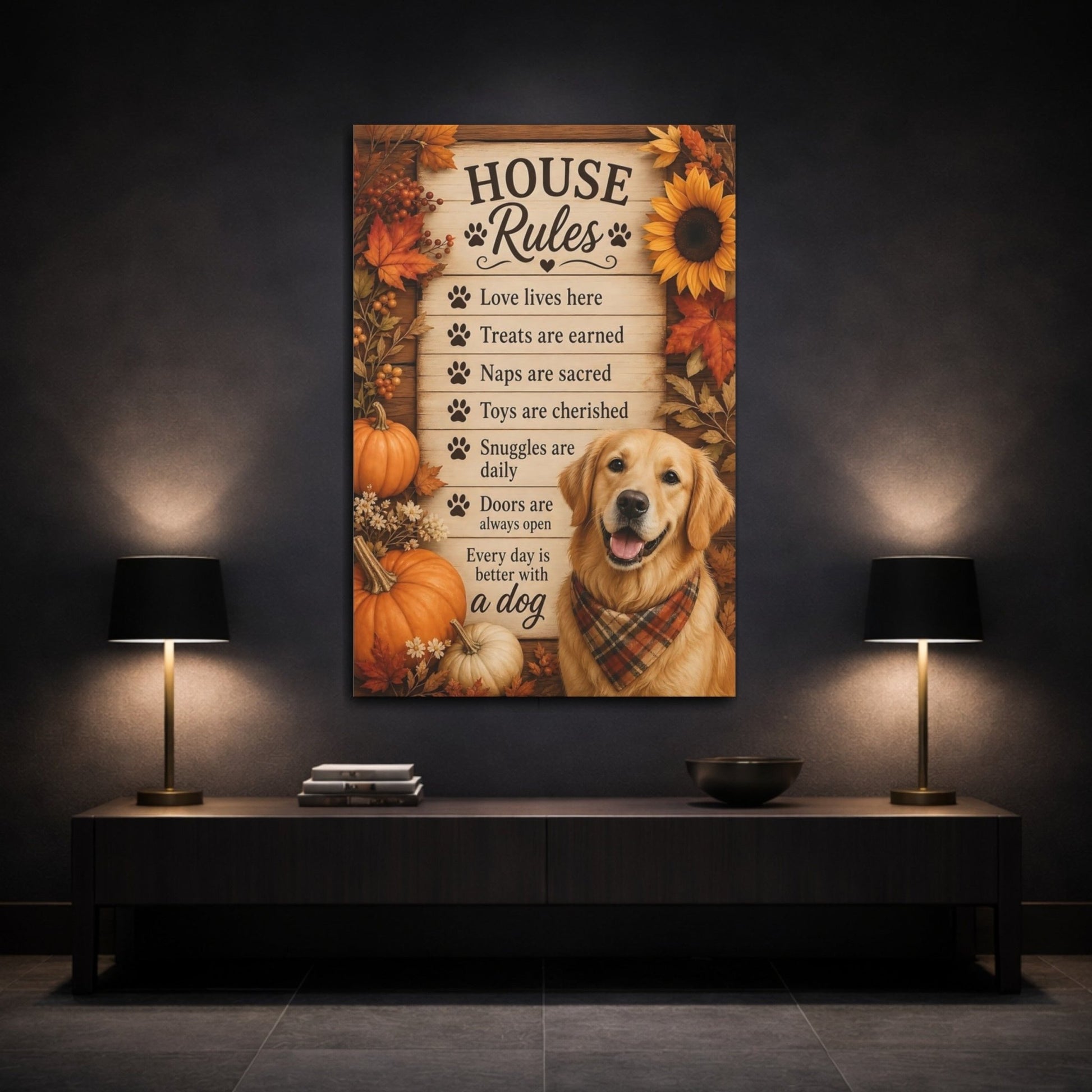 Animals Golden Retriever Autumn Dog Decor Canvas Wall Art Print – Rustic Living Room, Above Fireplace - YesArtYes