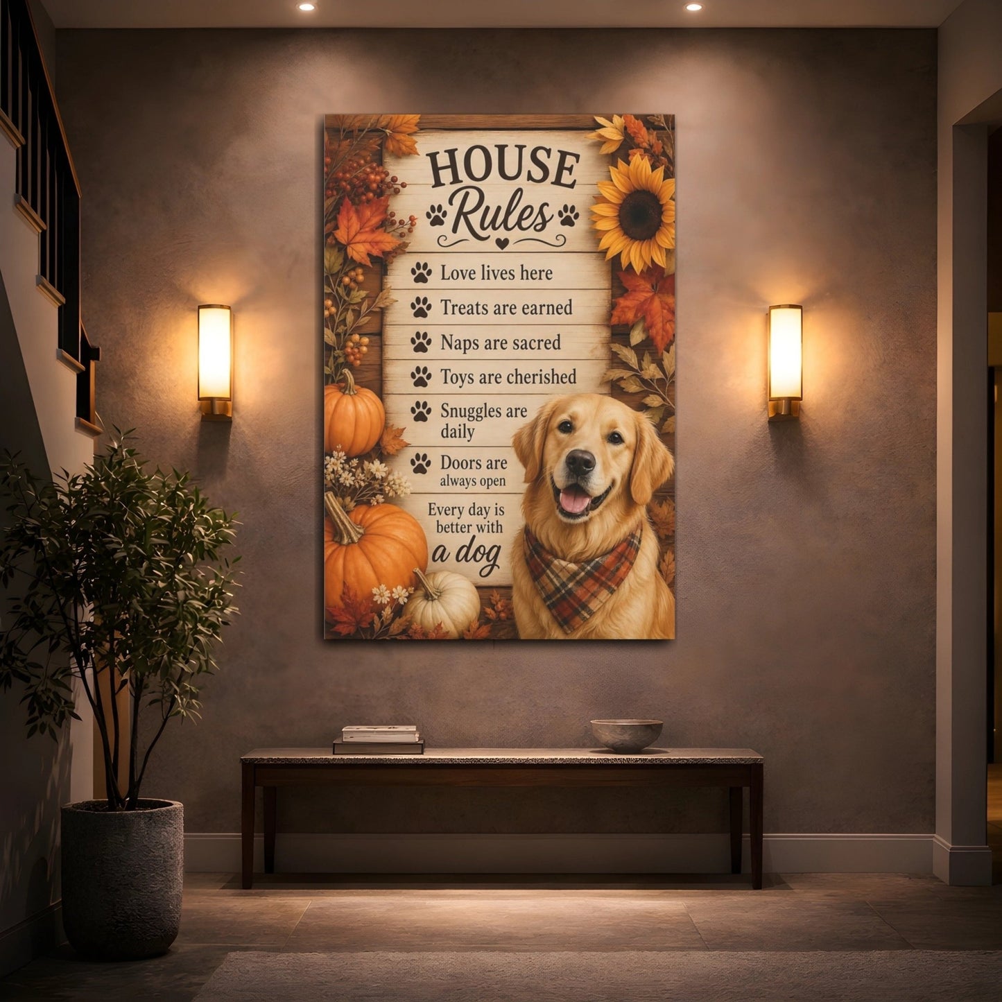Animals Golden Retriever Autumn Dog Decor Canvas Wall Art Print – Rustic Living Room, Above Fireplace - YesArtYes