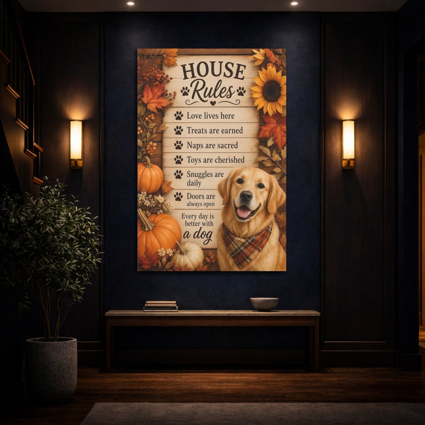 Animals Golden Retriever Autumn Dog Decor Canvas Wall Art Print – Rustic Living Room, Above Fireplace - YesArtYes