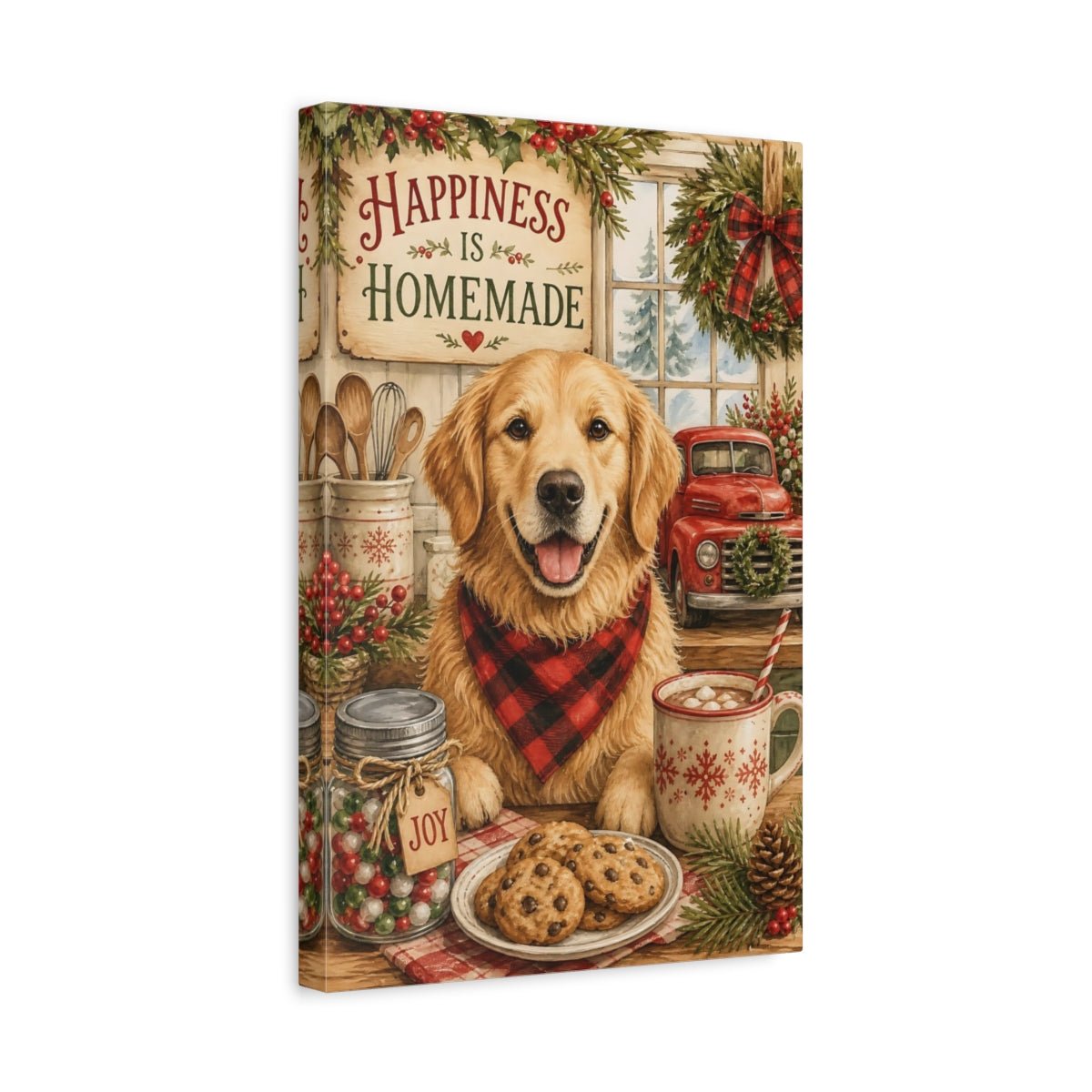 Animals Golden Retriever Cozy Christmas Canvas Wall Art Print – Watercolor Kitchen, Dining Area - YesArtYes