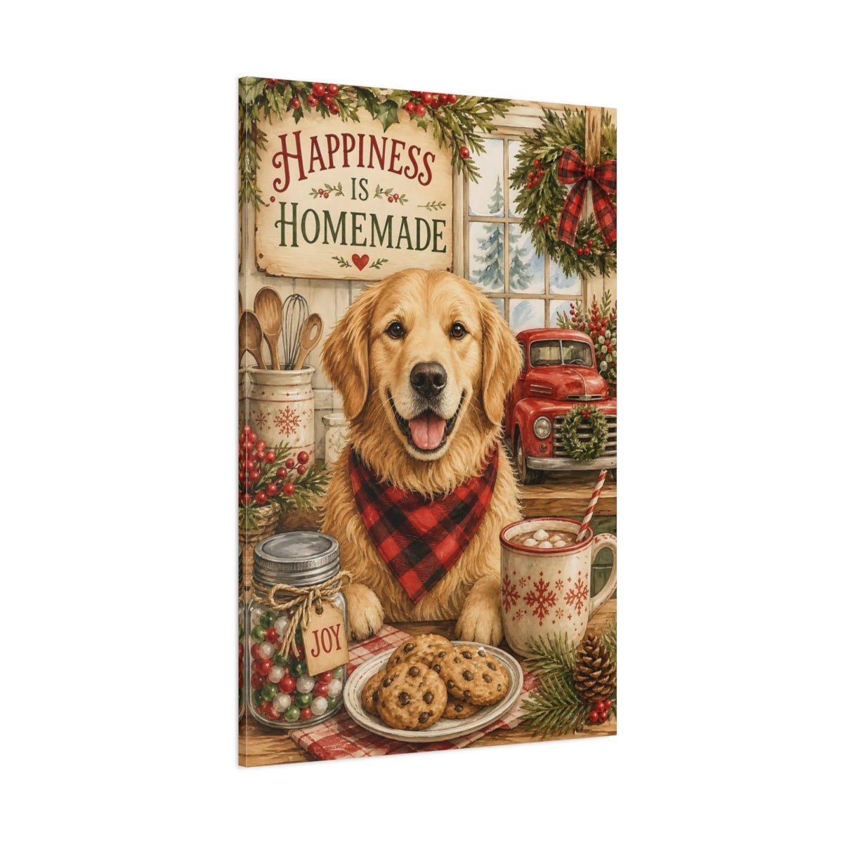 Animals Golden Retriever Cozy Christmas Canvas Wall Art Print – Watercolor Kitchen, Dining Area - YesArtYes
