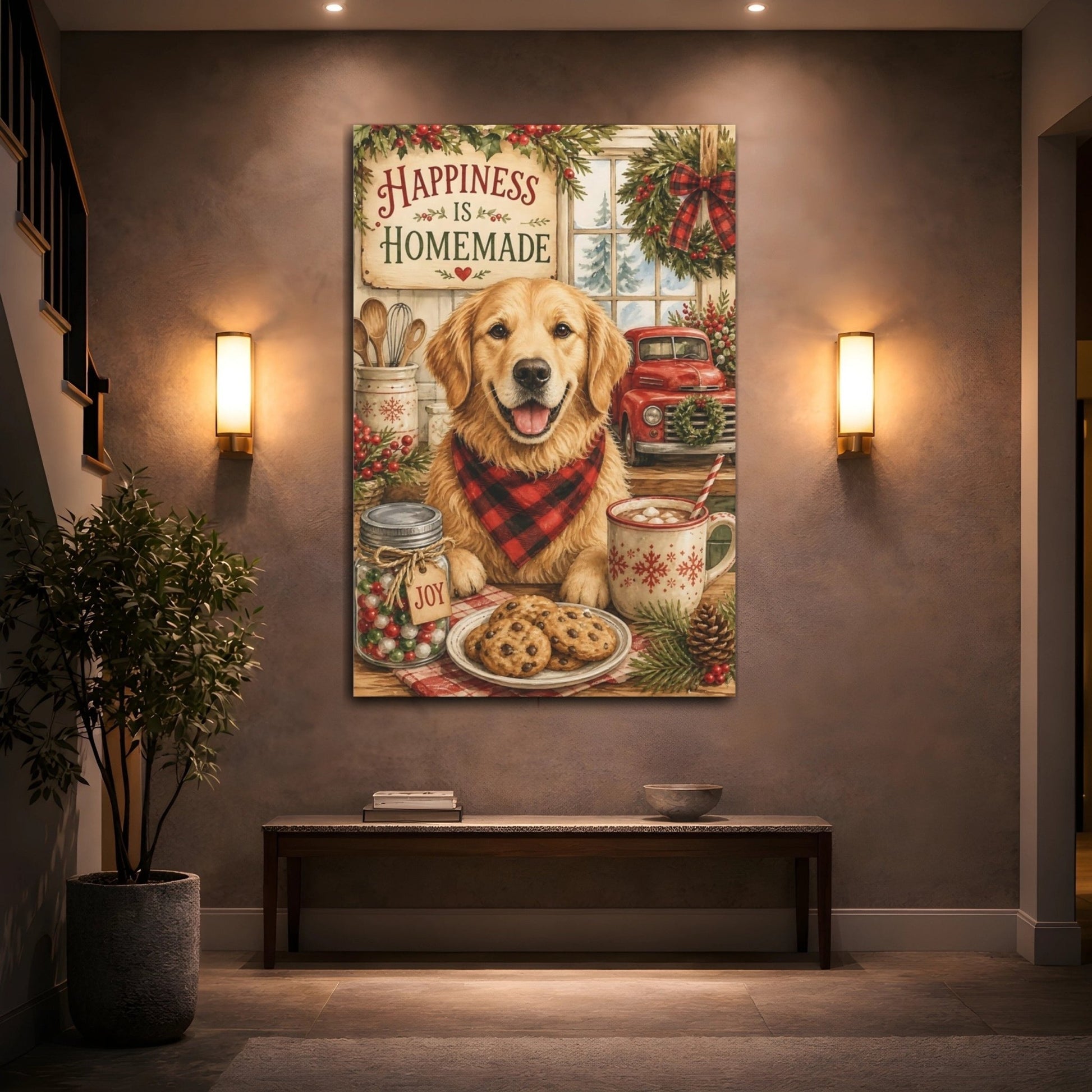 Animals Golden Retriever Cozy Christmas Canvas Wall Art Print – Watercolor Kitchen, Dining Area - YesArtYes