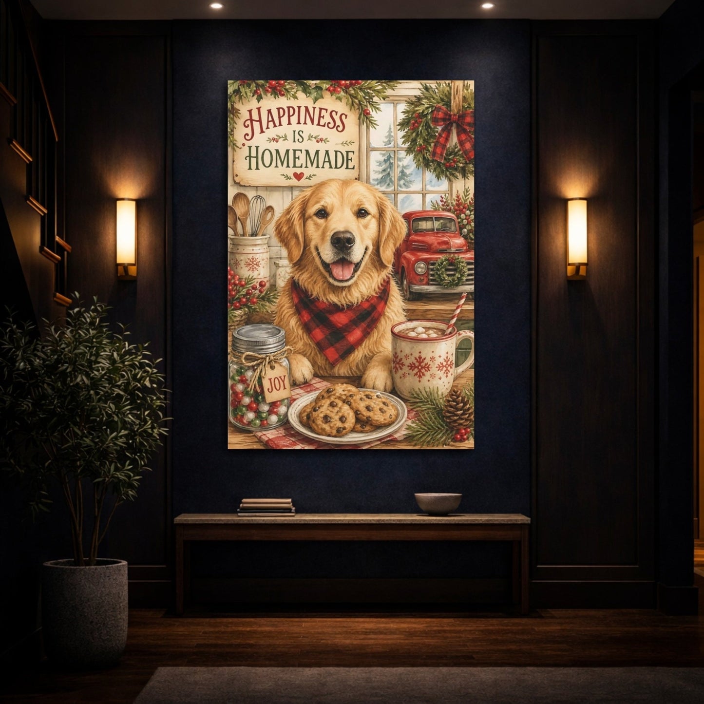 Animals Golden Retriever Cozy Christmas Canvas Wall Art Print – Watercolor Kitchen, Dining Area - YesArtYes