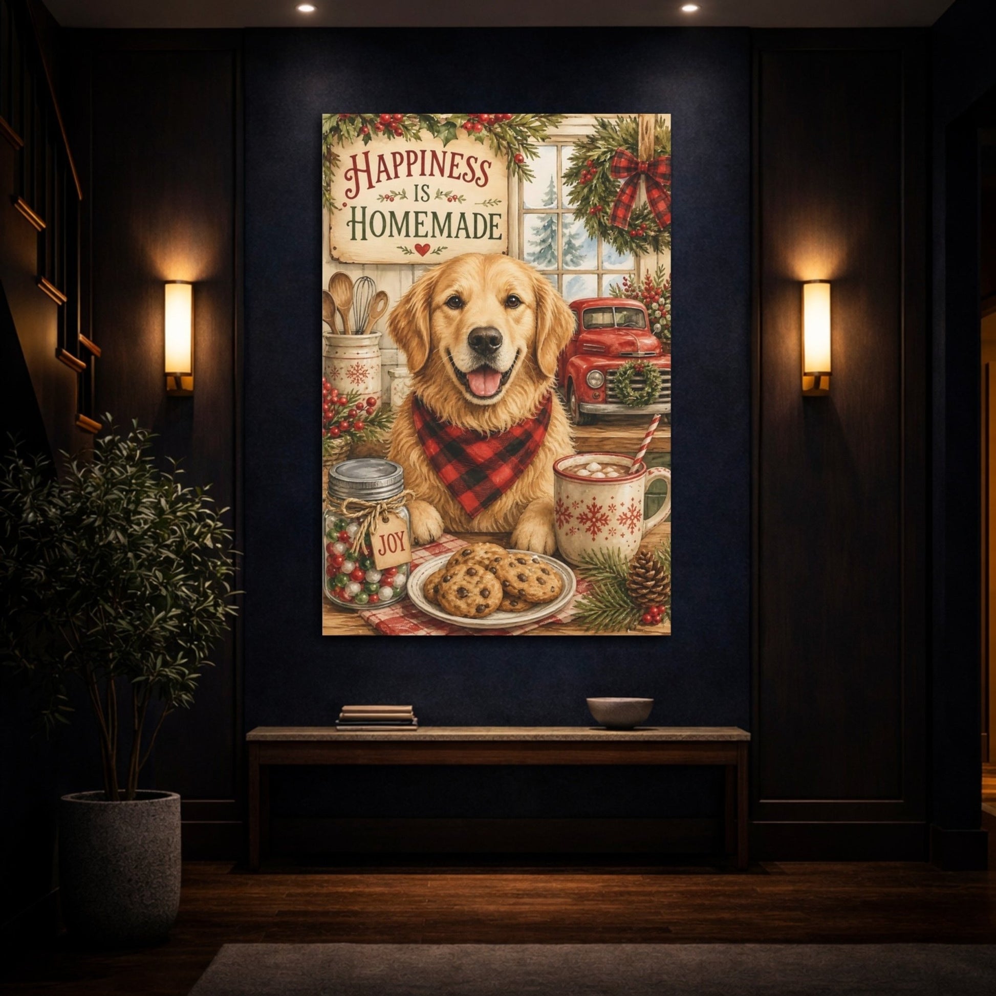 Animals Golden Retriever Cozy Christmas Canvas Wall Art Print – Watercolor Kitchen, Dining Area - YesArtYes