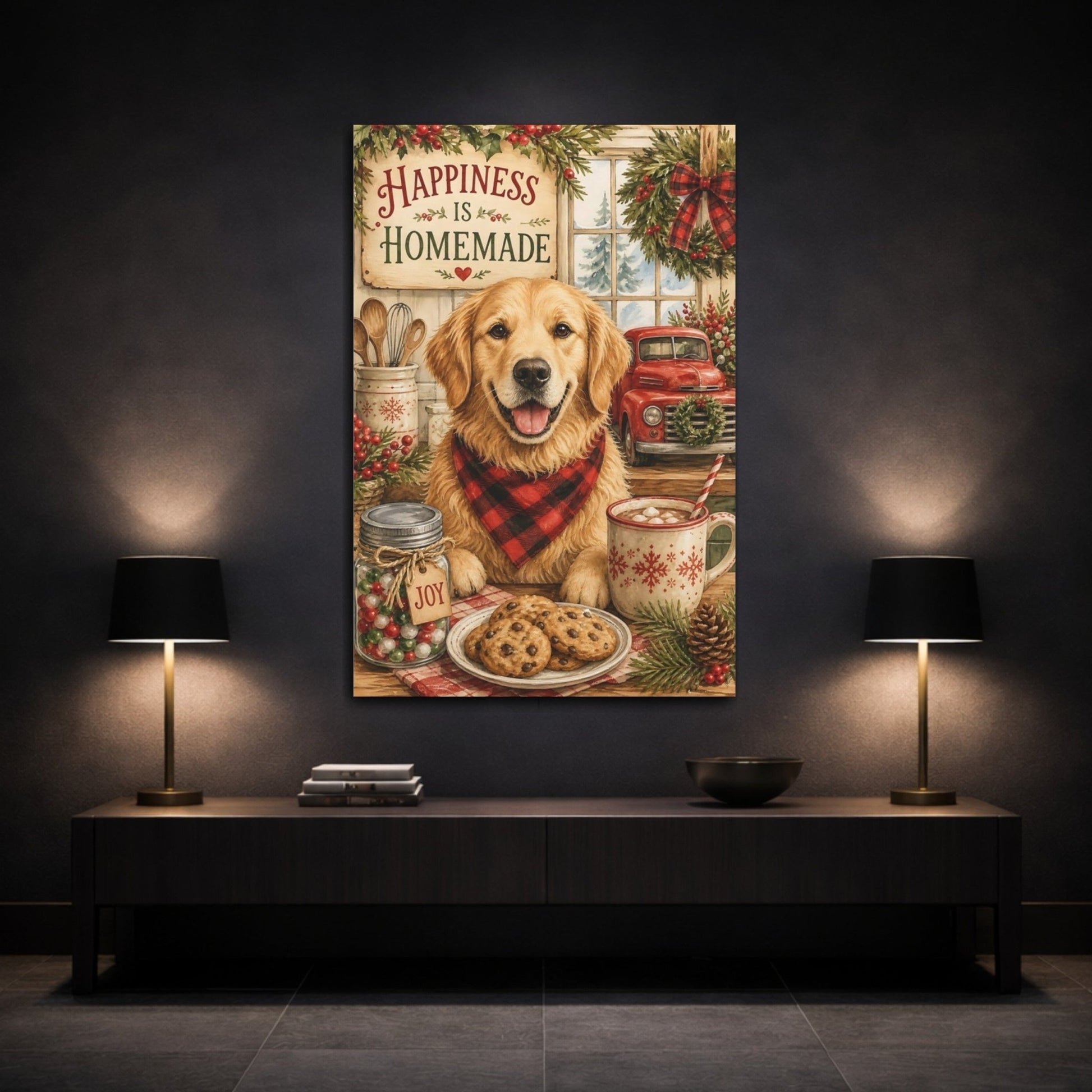 Animals Golden Retriever Cozy Christmas Canvas Wall Art Print – Watercolor Kitchen, Dining Area - YesArtYes