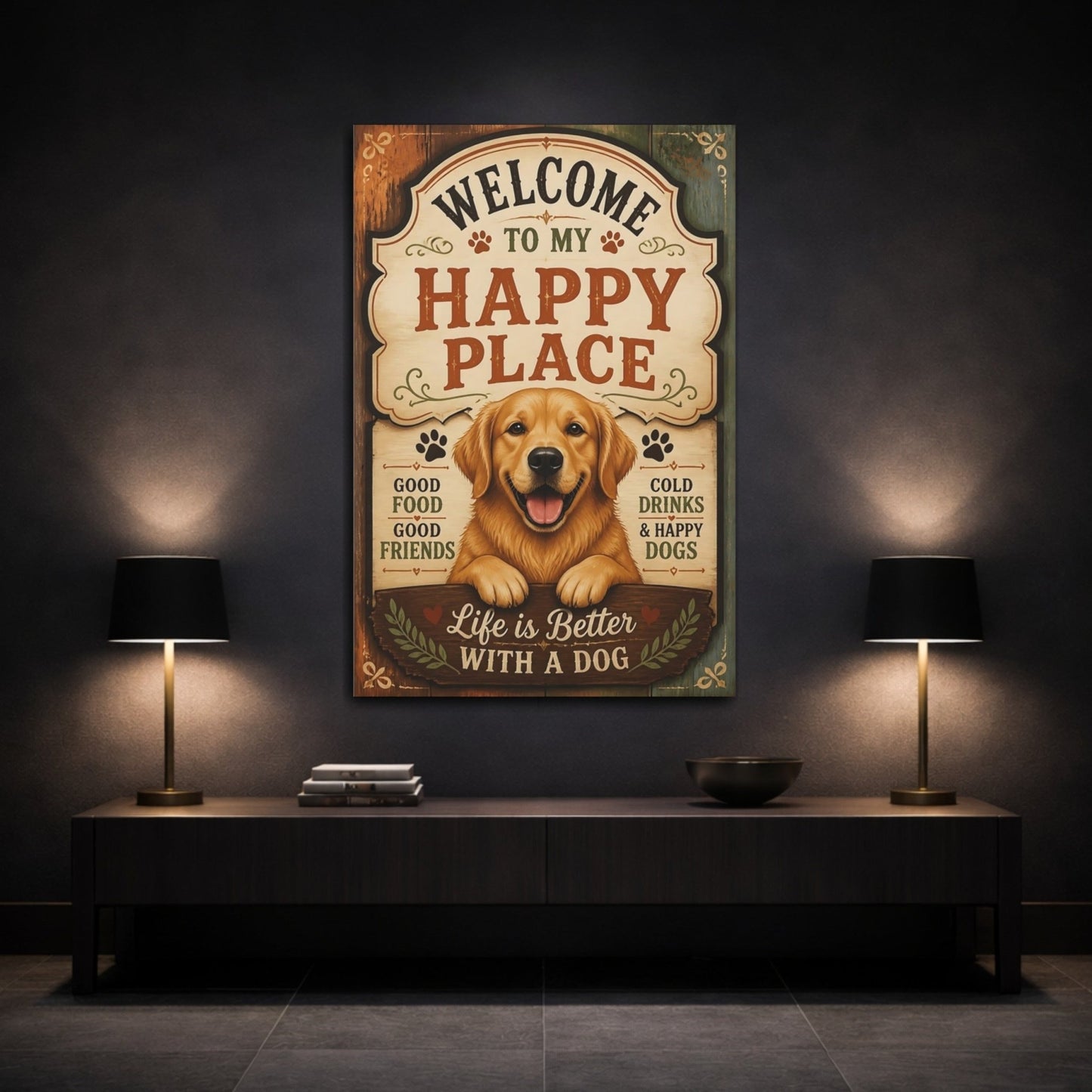 Animals Golden Retriever Dog Welcome Sign Canvas Print – Living Room, Above Couch - YesArtYes