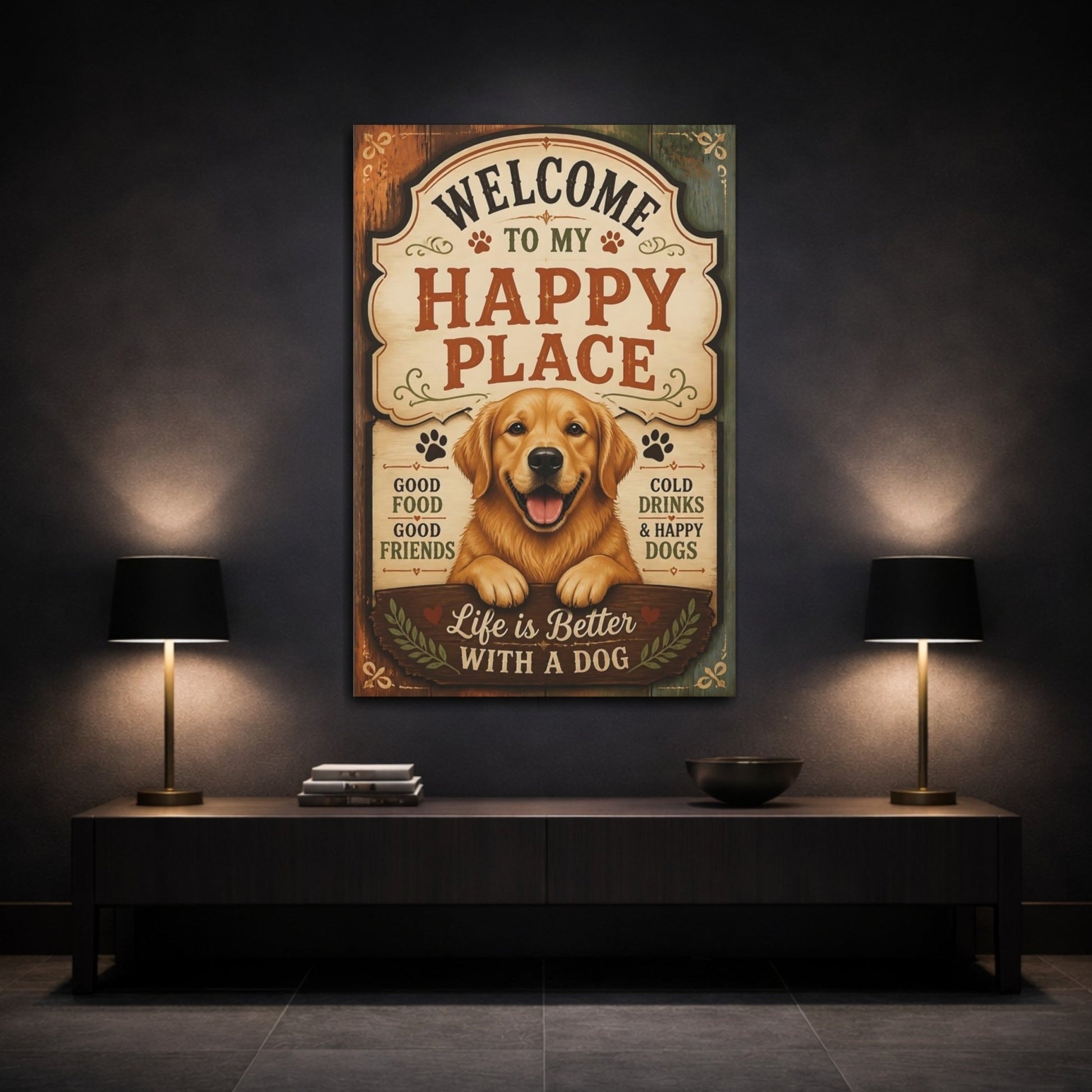 Animals Golden Retriever Dog Welcome Sign Canvas Print – Living Room, Above Couch - YesArtYes