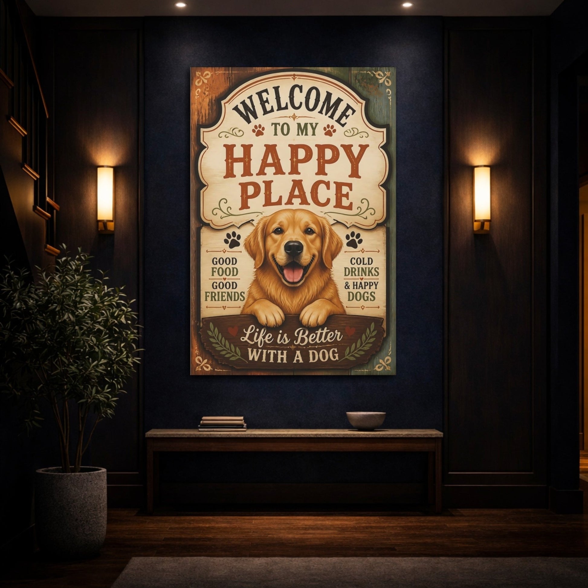 Animals Golden Retriever Dog Welcome Sign Canvas Print – Living Room, Above Couch - YesArtYes