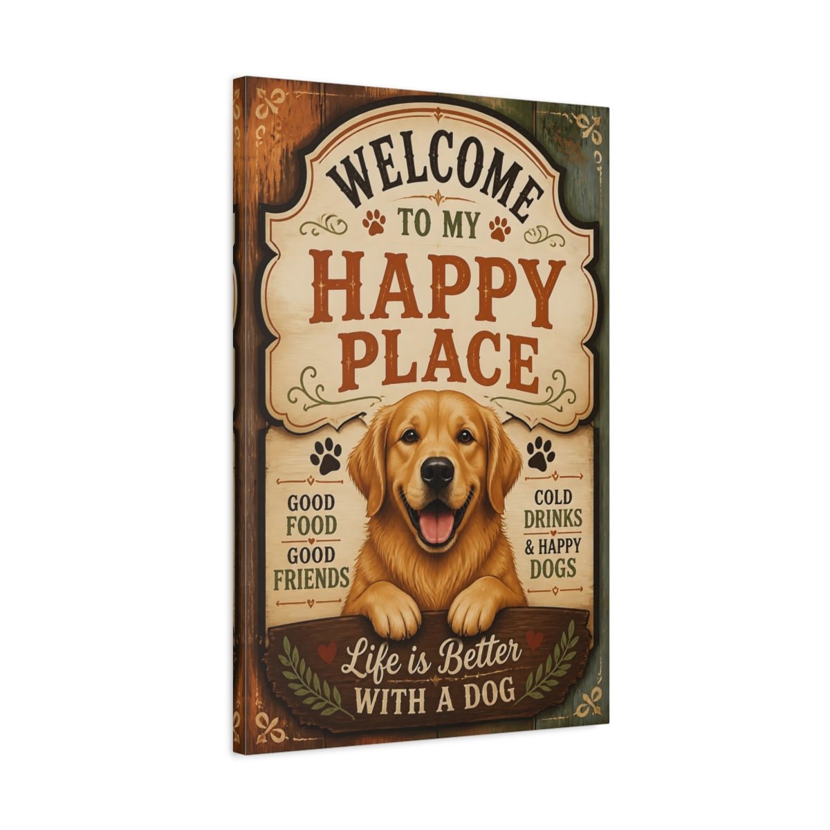 Animals Golden Retriever Dog Welcome Sign Canvas Print – Living Room, Above Couch - YesArtYes