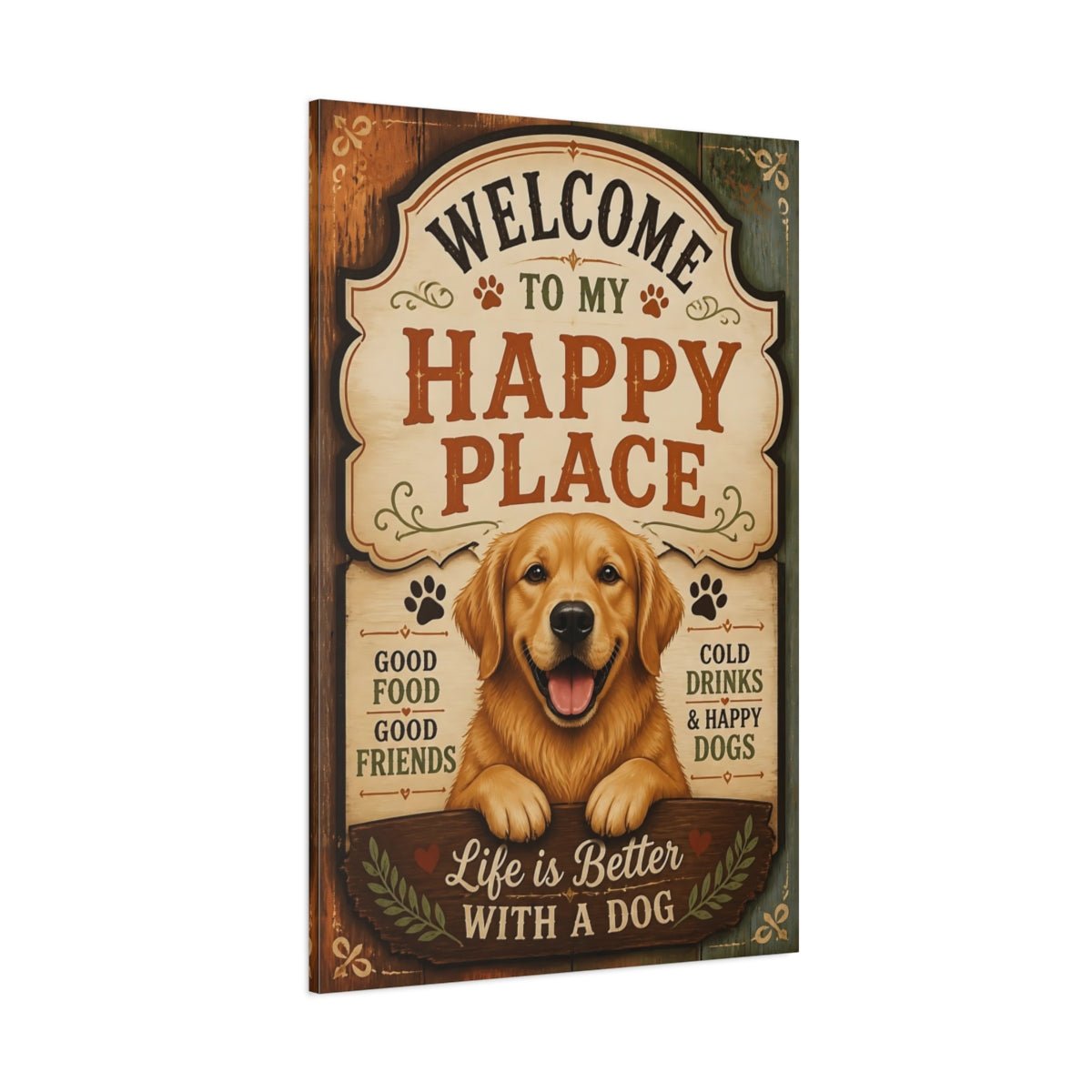 Animals Golden Retriever Dog Welcome Sign Canvas Print – Living Room, Above Couch - YesArtYes
