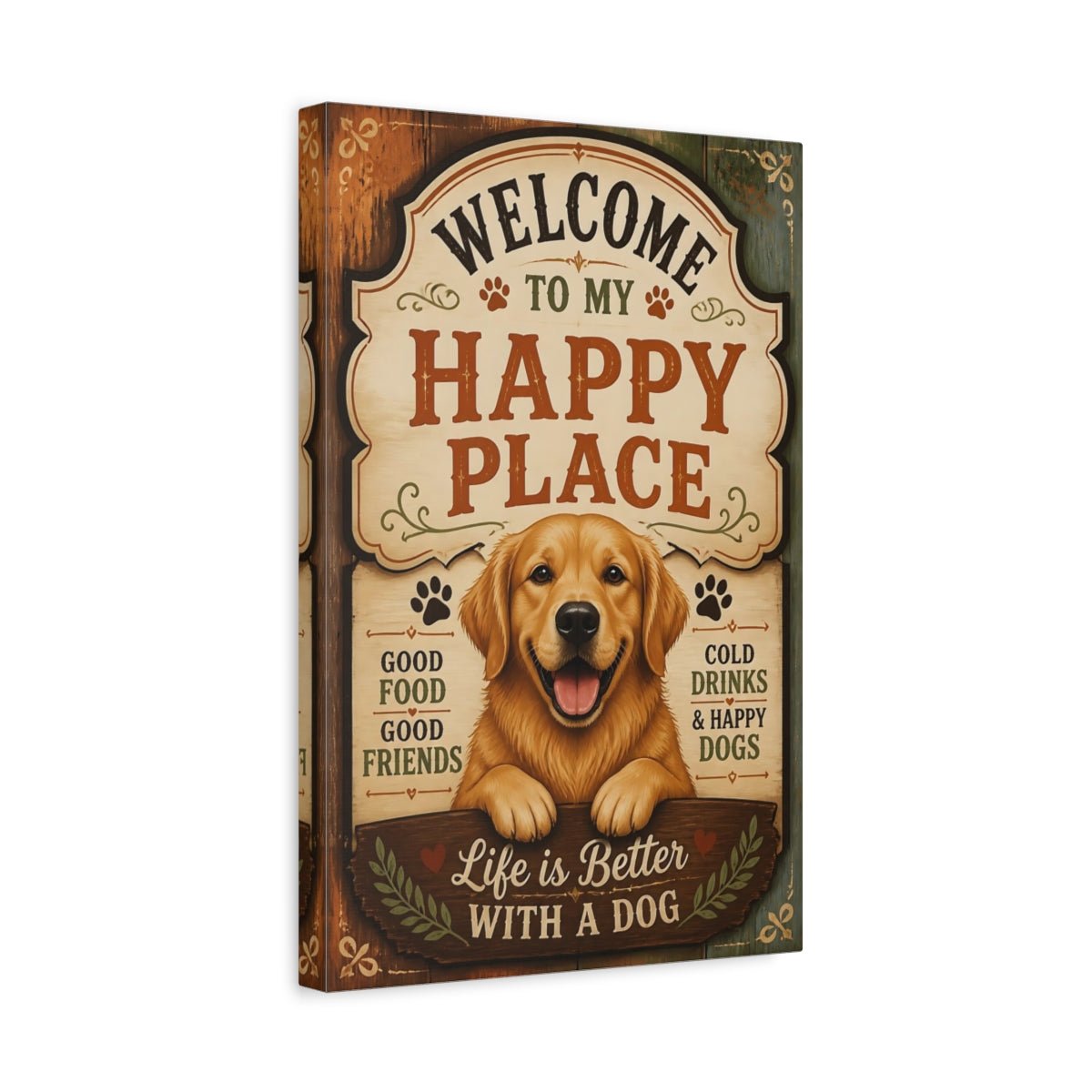 Animals Golden Retriever Dog Welcome Sign Canvas Print – Living Room, Above Couch - YesArtYes