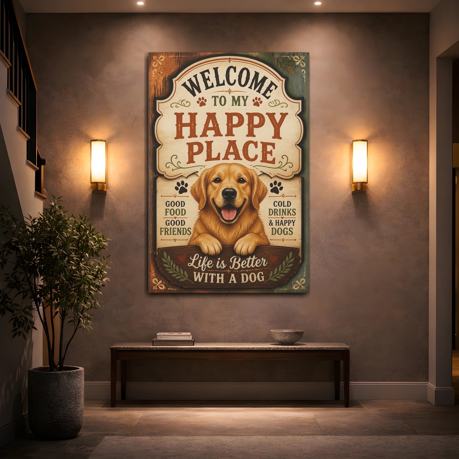 Mockup 2. Animals Golden Retriever Dog Welcome Sign shown as stretched canvas wall art